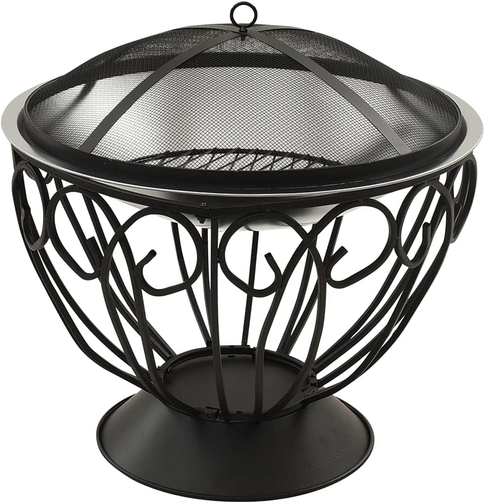 'vidaXL 2-in-1 Outdoor Fire Pit and BBQ with Mesh Cover and Poker - Stainless Steel Design - Silver 23.2