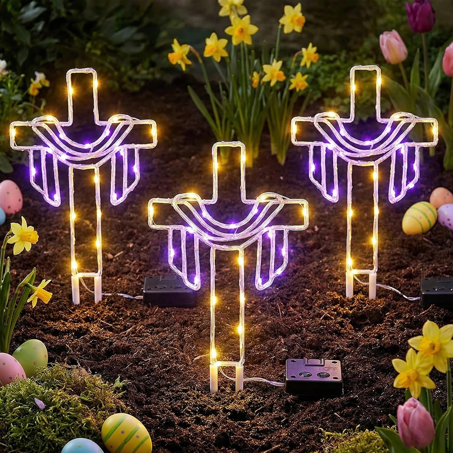 Retisee 3 Pack Easter Cross Solar Garden Lights Outdoor-12 Inch LED Lighted Cross Yard Stakes, Waterproof Solar Lamps,Religious Pathway Lawn Decorations for Easter Church Memorial Garden