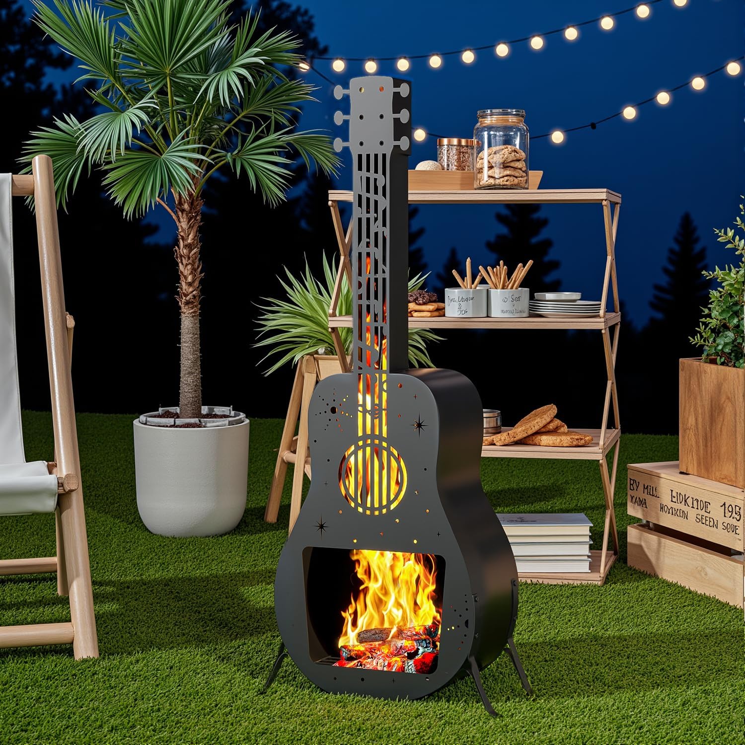 Outdoor Fire Pit for Wood Burning, Fire Pits for Outside, Guitar Shaped Chiminea Outdoor Fireplace, Wood Firepit for Patio, Portable Fire Pit for Camping