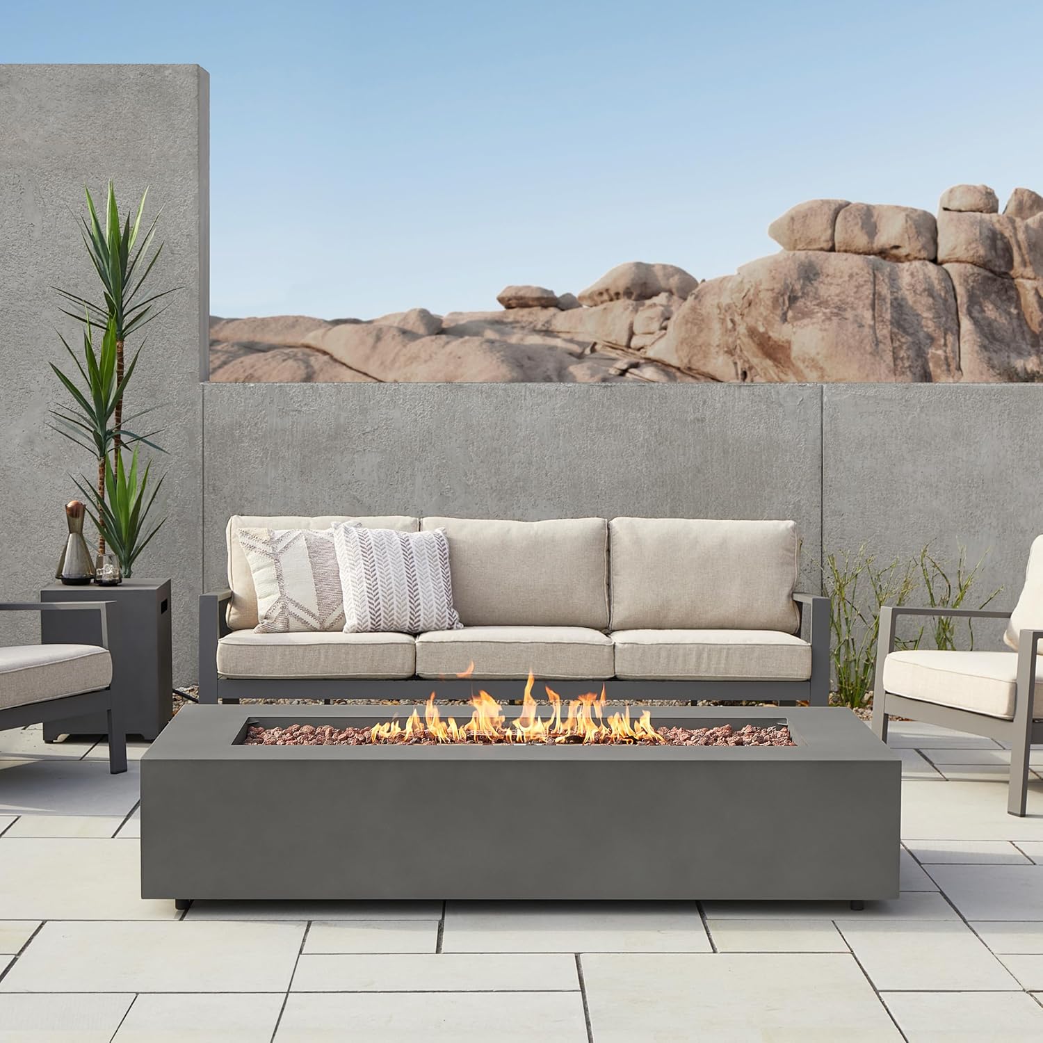 Real Flame Aegean 70in Rectangle Propane or Natural Gas Fire Pit Table, 65,000 BTU, Powder-Coated Steel, Push-Button Ignition, CSA Certified, Lava Rock, Storage Cover, Stainless Steel Burner with Lid