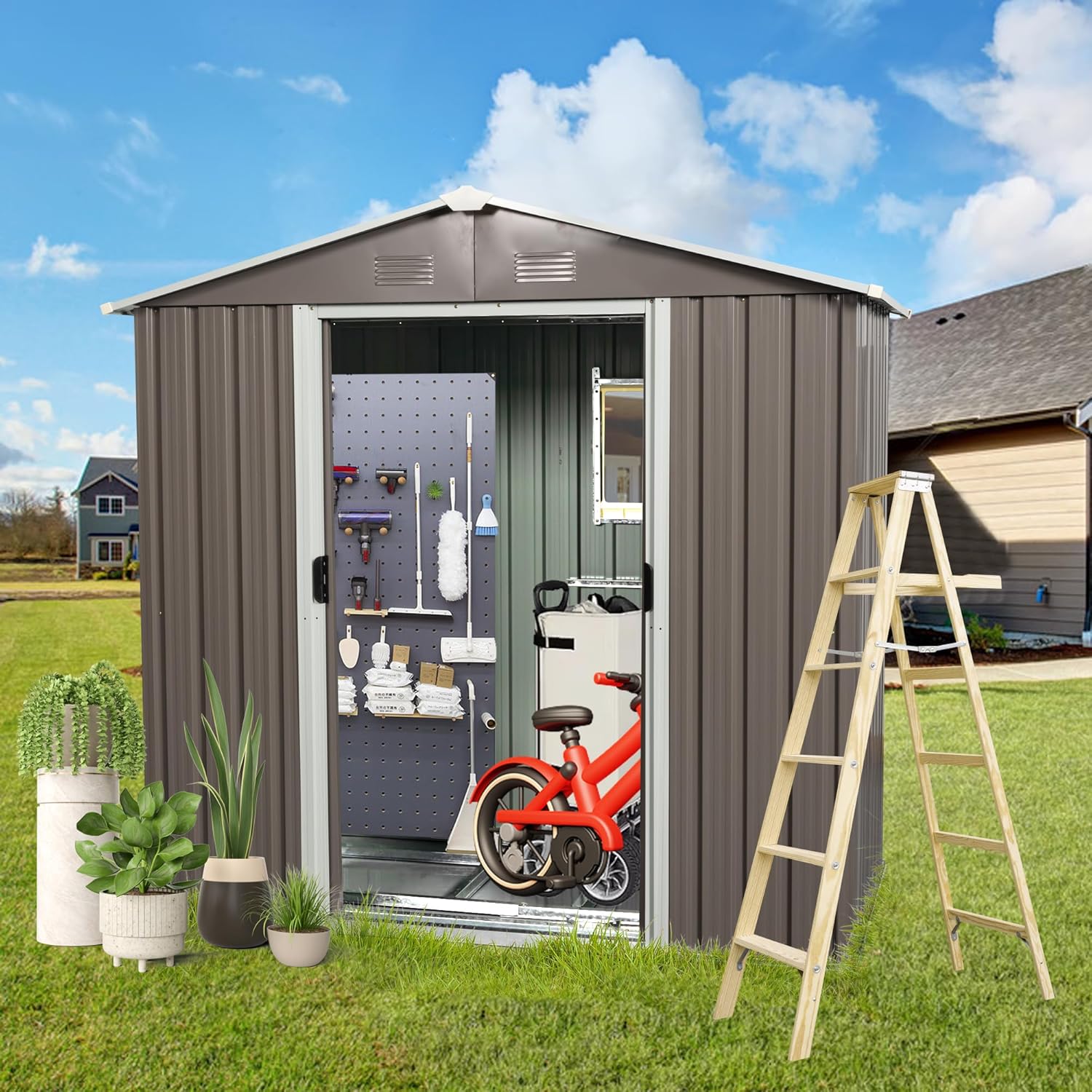 8×4 FT Outdoor Metal Storage Shed with Window and Integrated Punched Vents,Large Garden Outdoor Shed W/Sliding Doors & Padlock,Rust UV & Waterproof Tool Sheds for Backyard,Lawn,Patio,Grey
