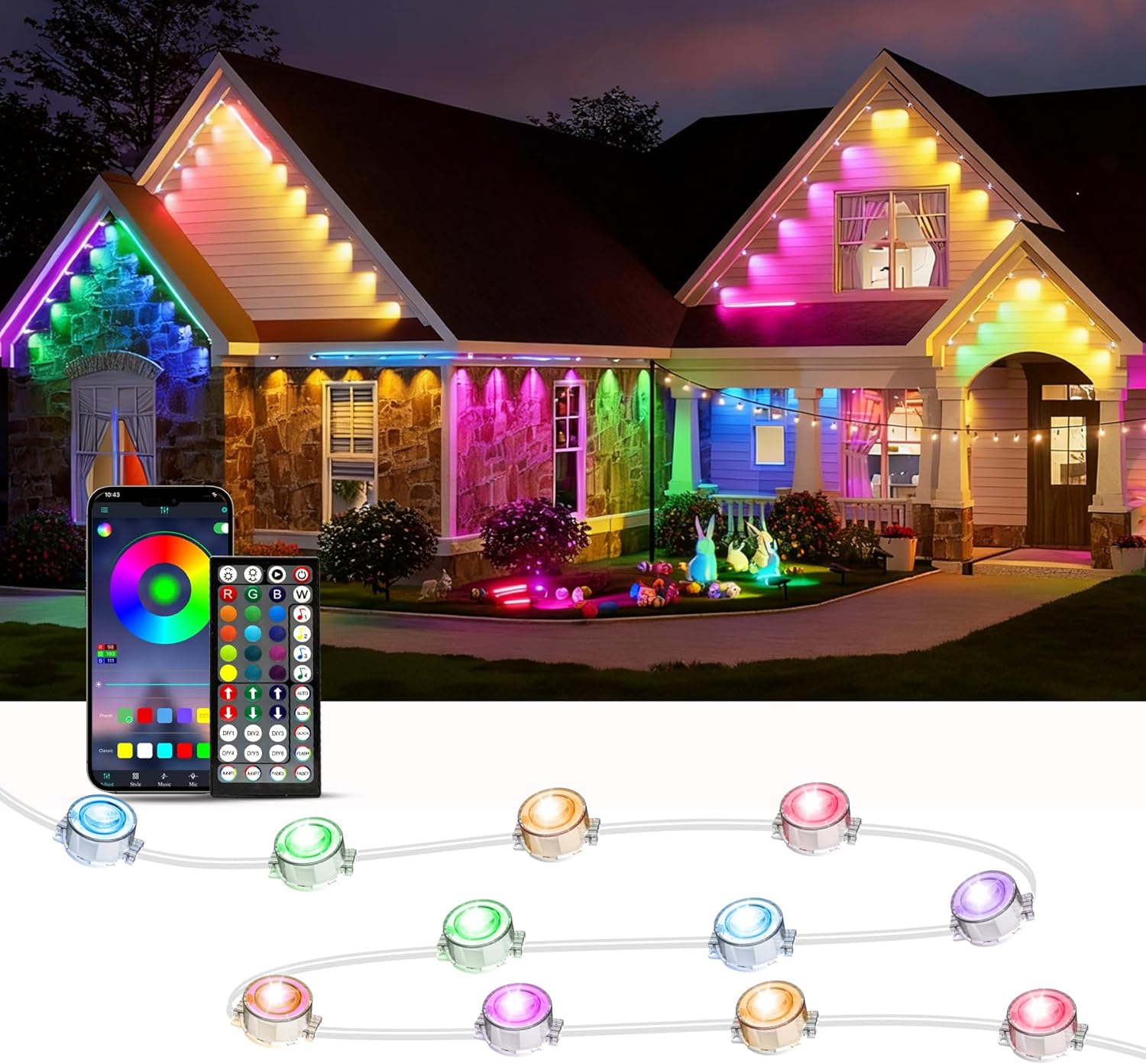 RGB Permanent Outdoor Lights, 500FT LED Eaves Lights with Smart App Remote Control, IP67 Waterproof, Music Sync, Timing Function for Christmas, Party, All Holiday Decorations