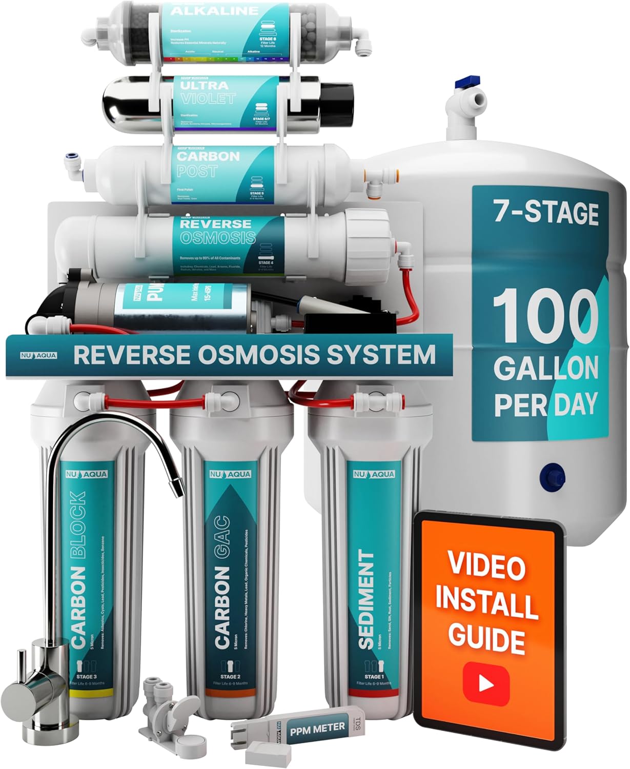 NU Aqua 7-Stage Alkaline & UV Under Sink Reverse Osmosis Water Filter System - Booster Pump - 100 GPD RO Filtration & Remineralization - Faucet & Tank - 100GPD Undersink Home Kitchen Drinking Purifier