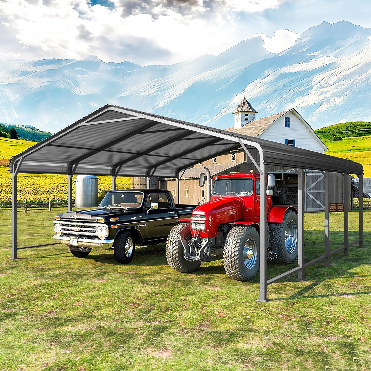 20x20 FT Metal Carport for 2 Cars, Heavy Duty Canopy Carport with Updated Roof & Enhanced Base, Garage Vertaile for RV Car, Truck, Boat, Tractors, Party, Grey