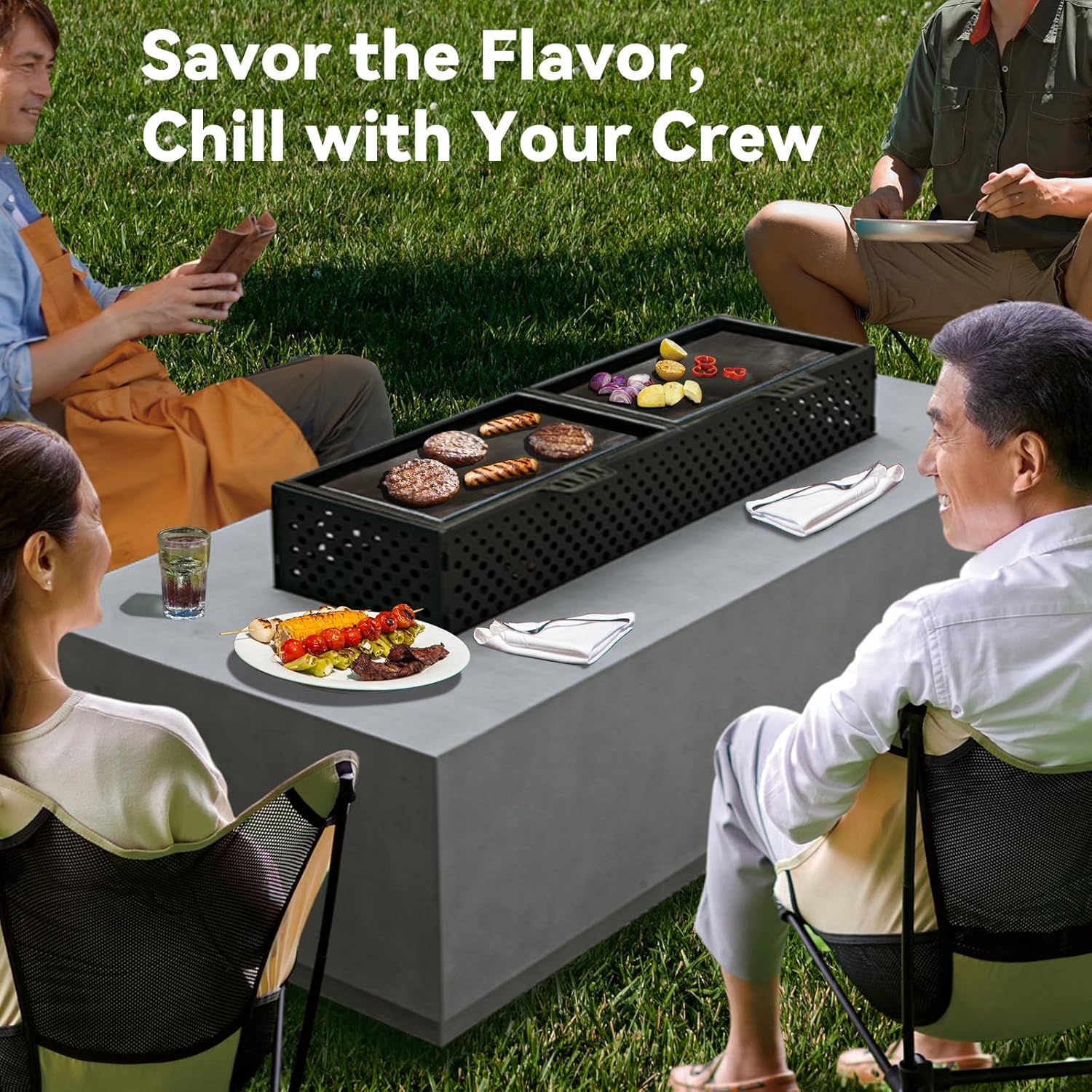 48'' Rectangular Propane Fire Pit Table, 3-in-1 50,000BTU Firepit Table with Griddle for Outside Patio, Backyard Decor, Grey