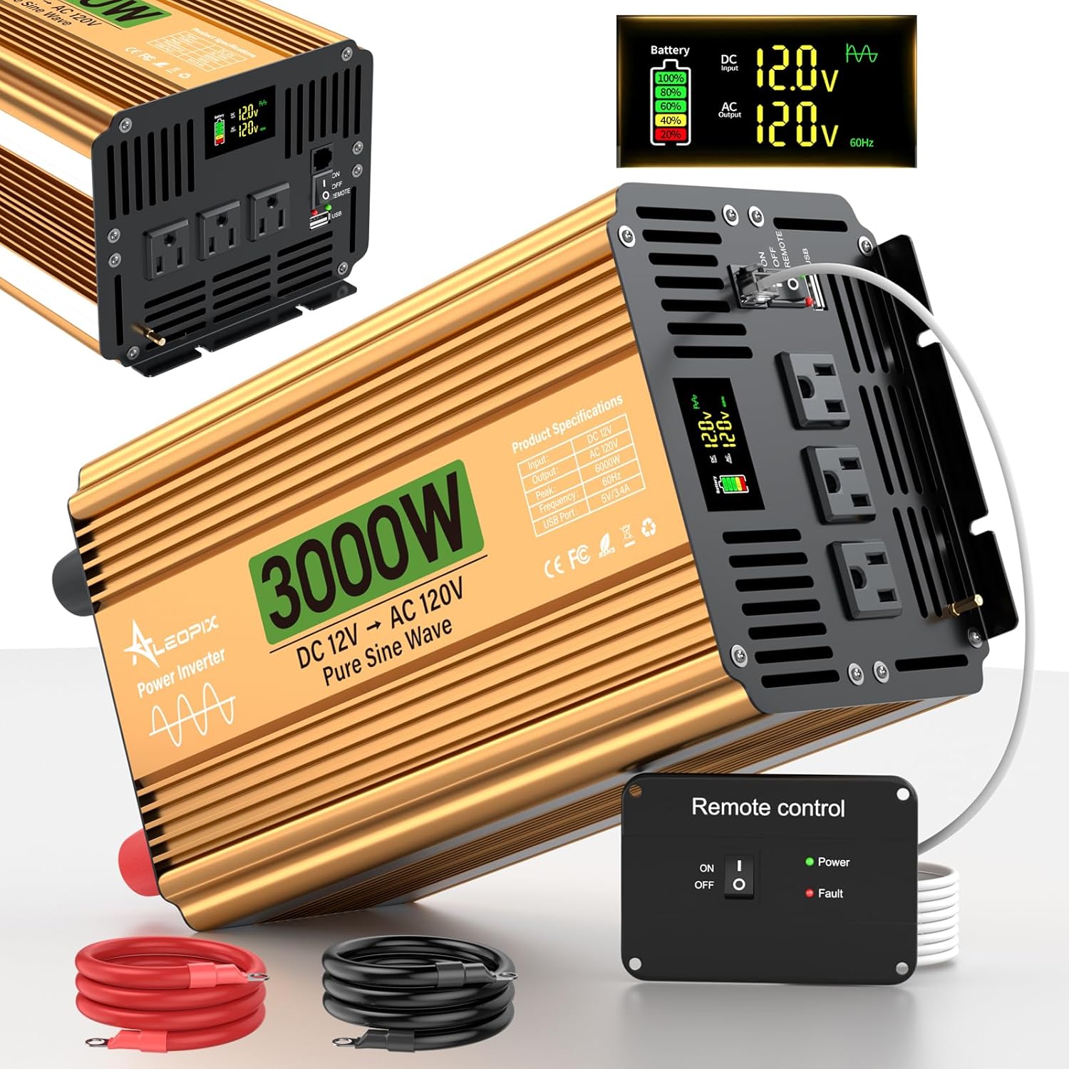 3000 Watt Inverter 12V DC to 110V/120V AC, Pure Sine Wave Inverter for Truck/RV/Home/Solar/Off-Grid, Surge 6000W Pure Sine Power with 3 AC Sockets, 5V 3.4A USB, Digital Display, Remote Controller