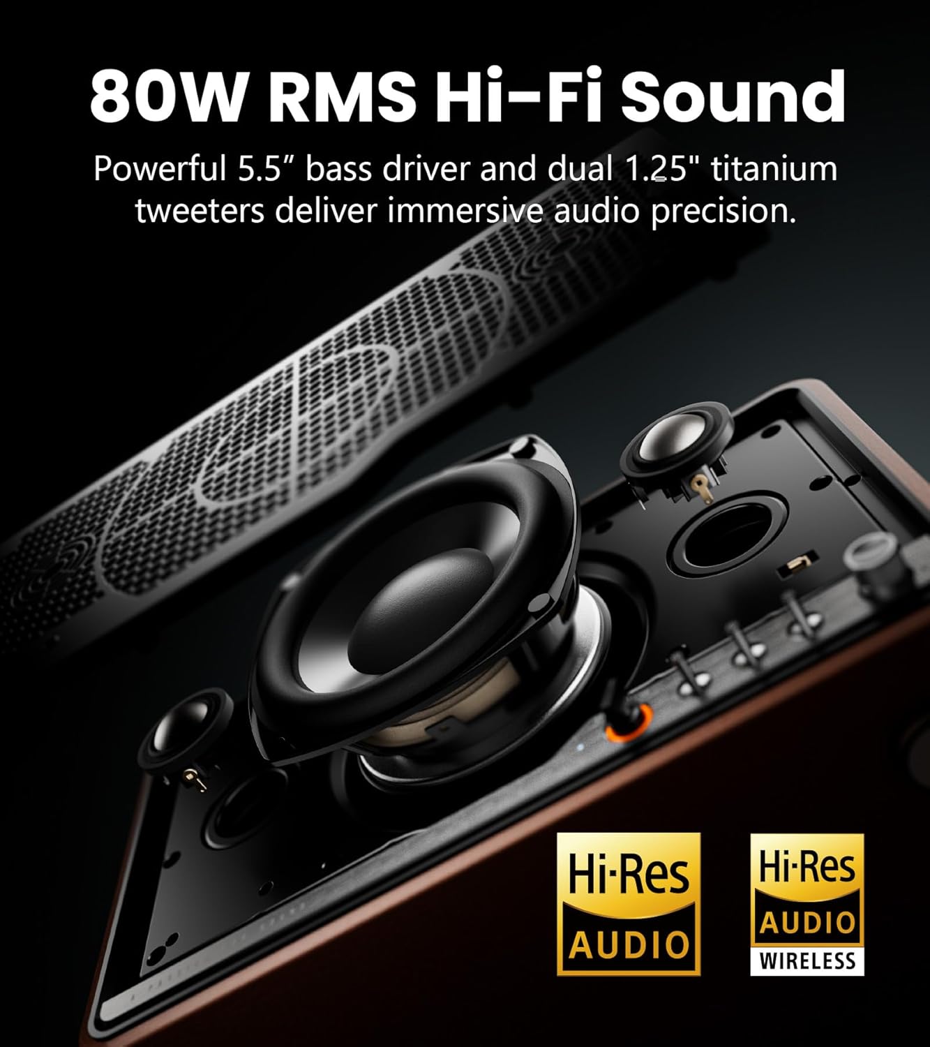 Edifier S300 Hi-Fi Tabletop Speaker, Hi-Res Audio LDAC for Wireless Multi-Room & Stereo Pairing, 80W Power Works with AirPlay 2 Bluetooth 5.4 USB-C AUX Inputs, Retro Design with Remote - Brown