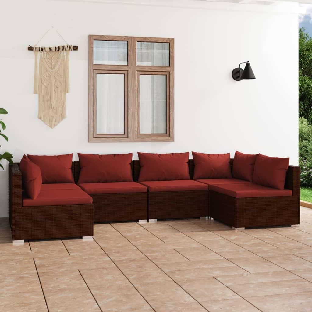 6 Piece Patio Lounge Set with Cushions Poly Rattan Brown Garden Furniture