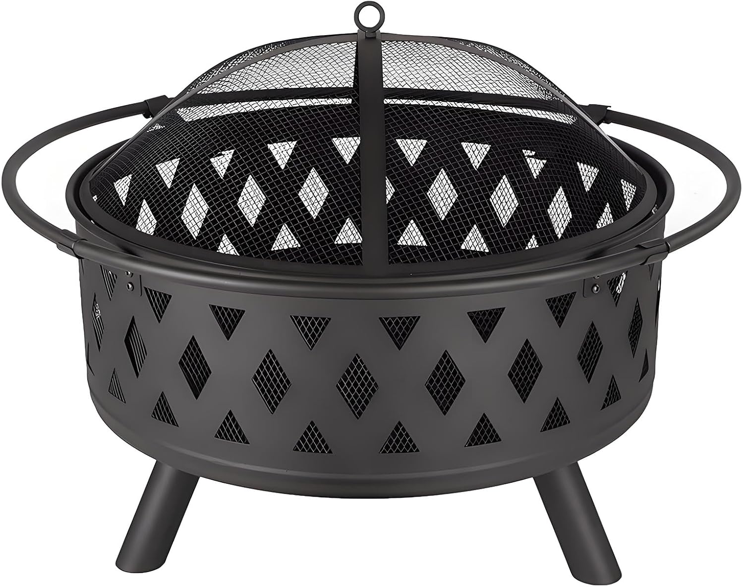 Round fire Pit with net Cover, fire Poker, Diamond mesh, Metal Wood Burning Outdoor fire Pit, Suitable for courtyards, backyards, Gardens, Bonfire Parties, Christmas, Thanksgiving, Halloween