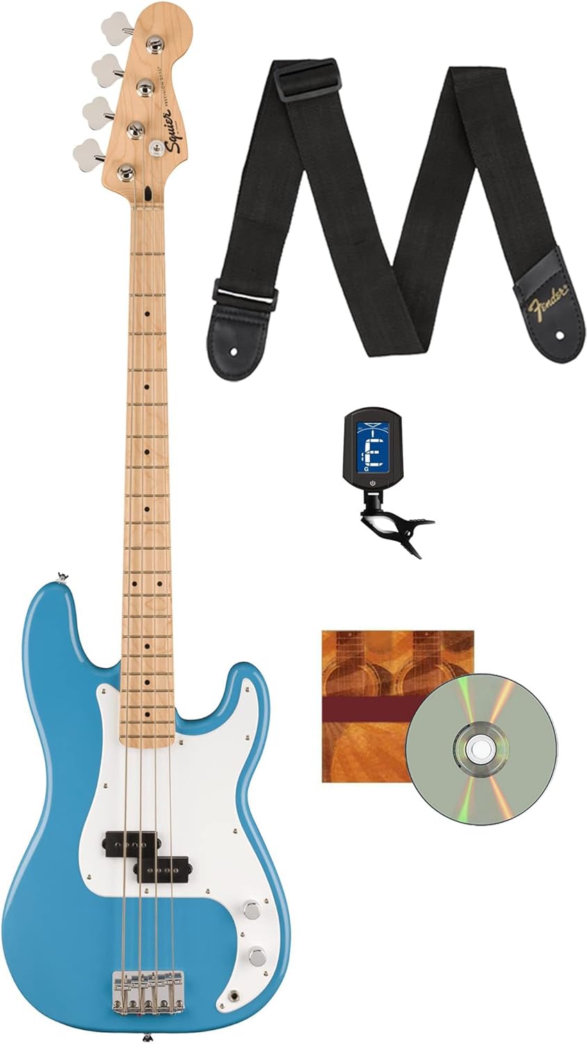Fender Squier Sonic Precision Bass Guitar, Maple Fingerboard - California Blue Bundle with Fender Tuner, Guitar Strap, and Austin Bazaar Instructional DVD