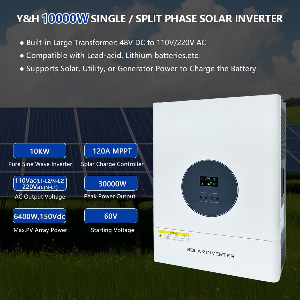 Y&H 5000W Solar Inverter DC 48V to AC 110V/220V Low-Frequency Hybrid Inverter, with 120A MPPT Controllers,Pure Sine Wave 15000W Surge Power, Solar & AC Dual Input, Off-Grid Home System