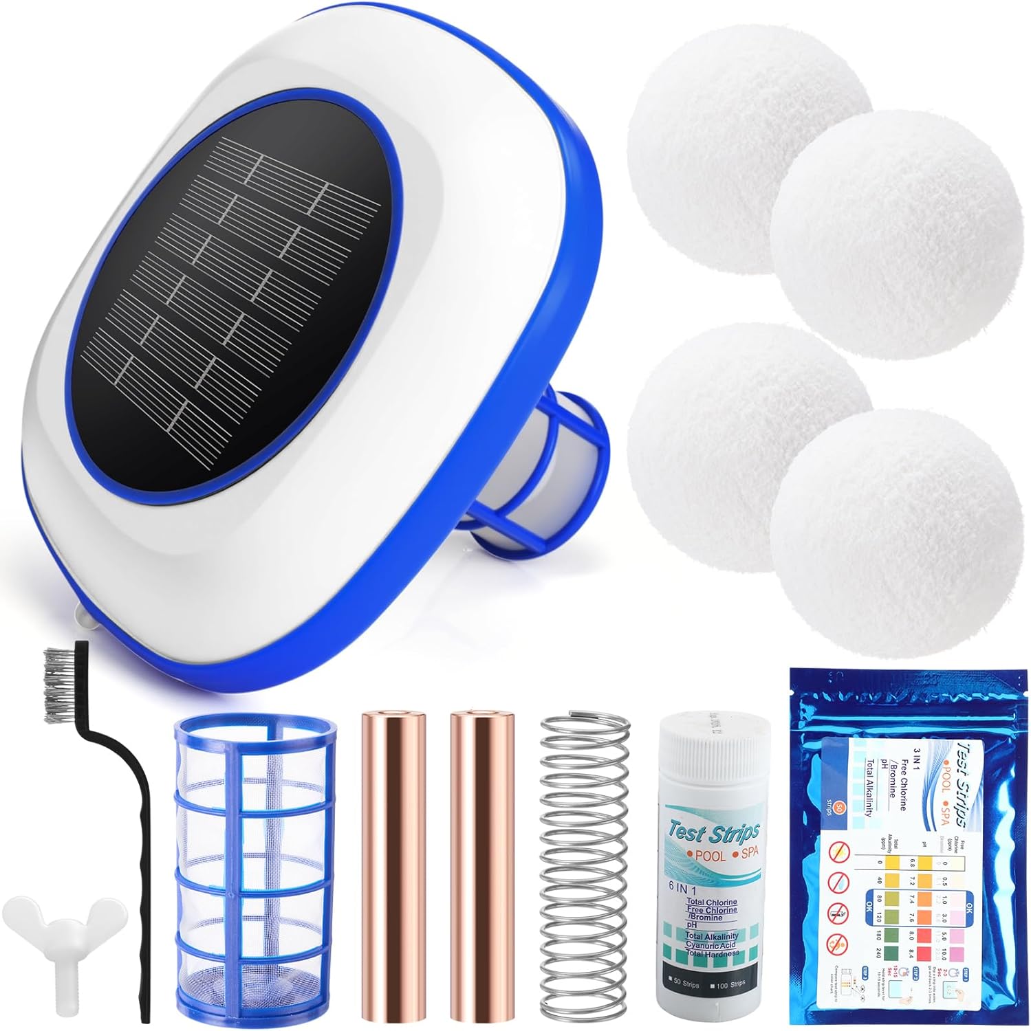 Qualirey Solar Pool Ionizer System Automatic Floating Water Cleaner and Purifier, Up to 45, 000 Gal, 90% Less Chlorine, with 4 Pcs Scum Eliminating Ball and 2 Copper Rod, for Fresh Salt Water Pool Spa