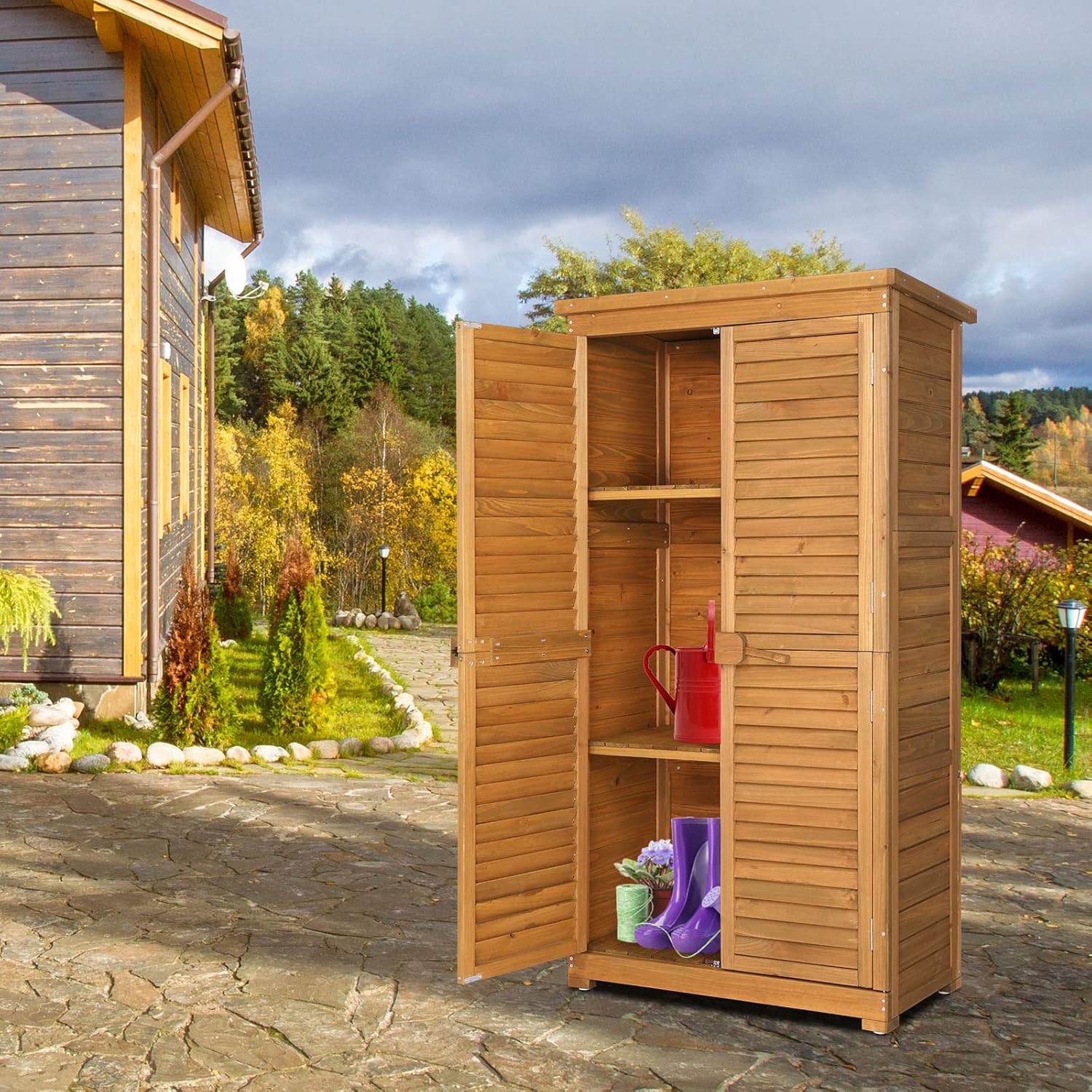 63in Wooden Garden Storage Shed,Outside Waterproof Tool Storage Shed,Wooden Garden Tool Storage Cabinet,Patio Furniture Storage House,with Asphalt Roof,for Deck, Lawn, Yard, Garage (Natural)