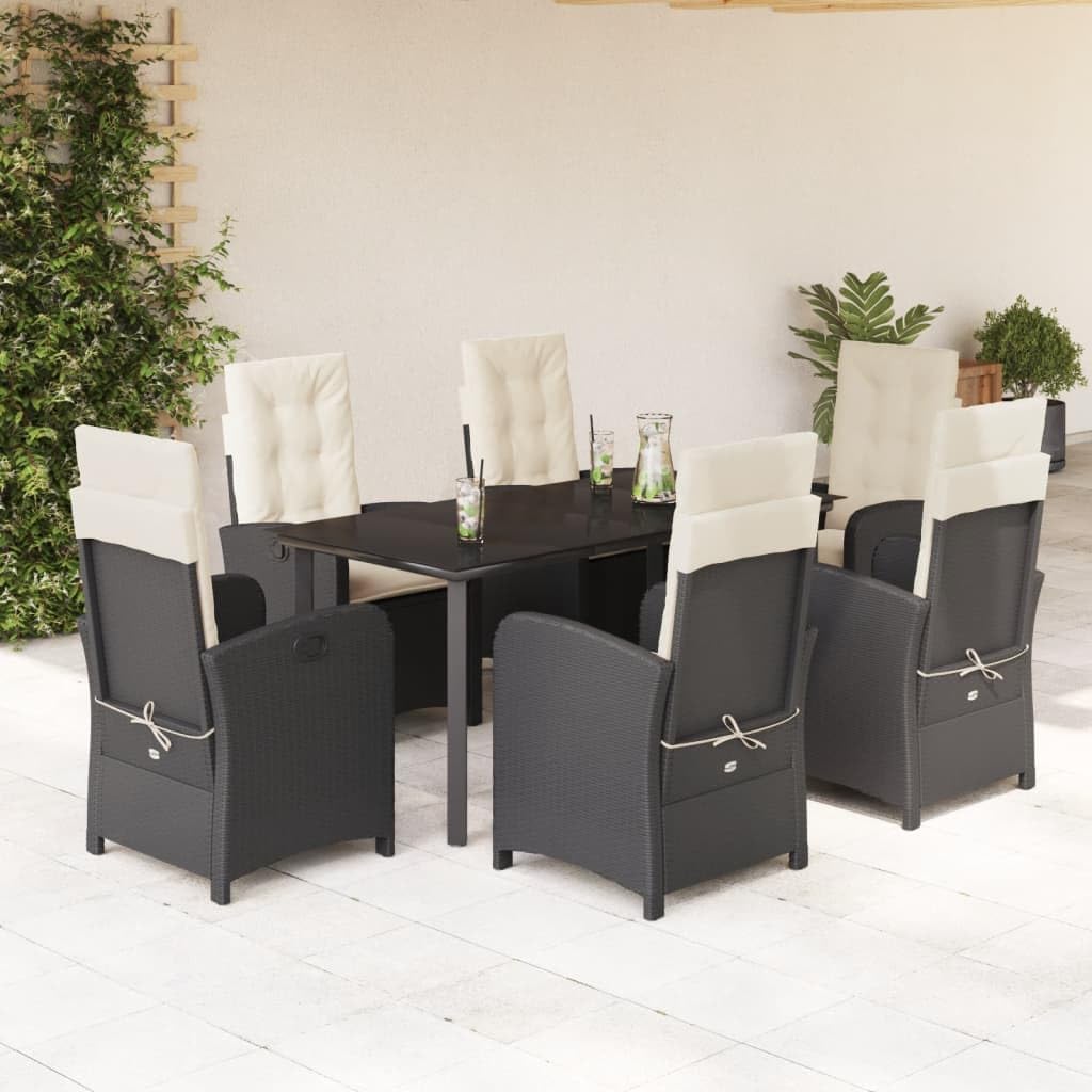 Furniture Sets 7 Piece Patio Dining Set with Cushions Black Poly Rattan,Versatile Garden Dining Set: Adjustable and Reclining Chairs with Glass Tabletop Garden Conversation Sets