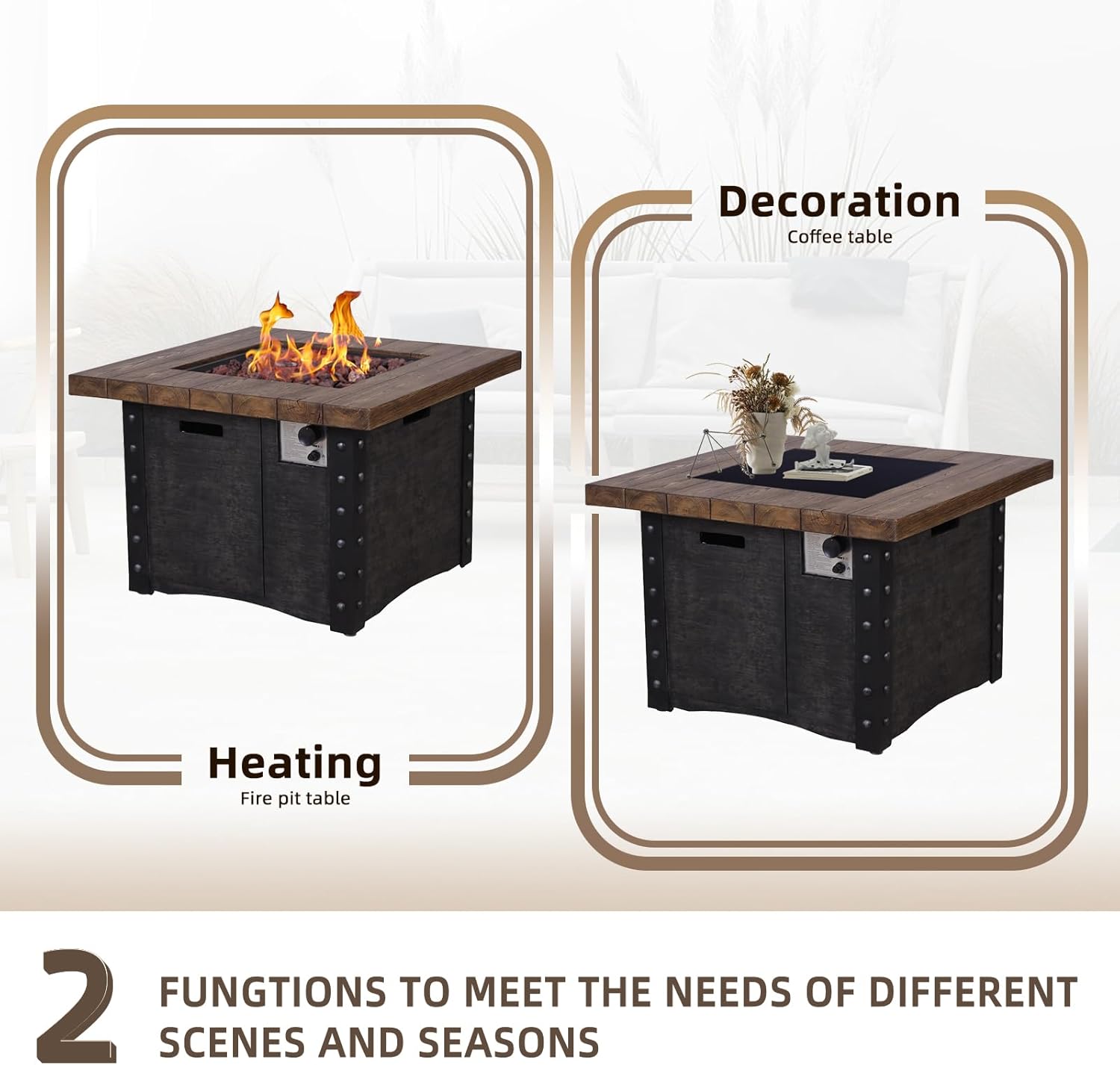 Good Product 50,000 BTU Outdoor Gas Fire Table, Faux Woodgraine Table top Fire Pit