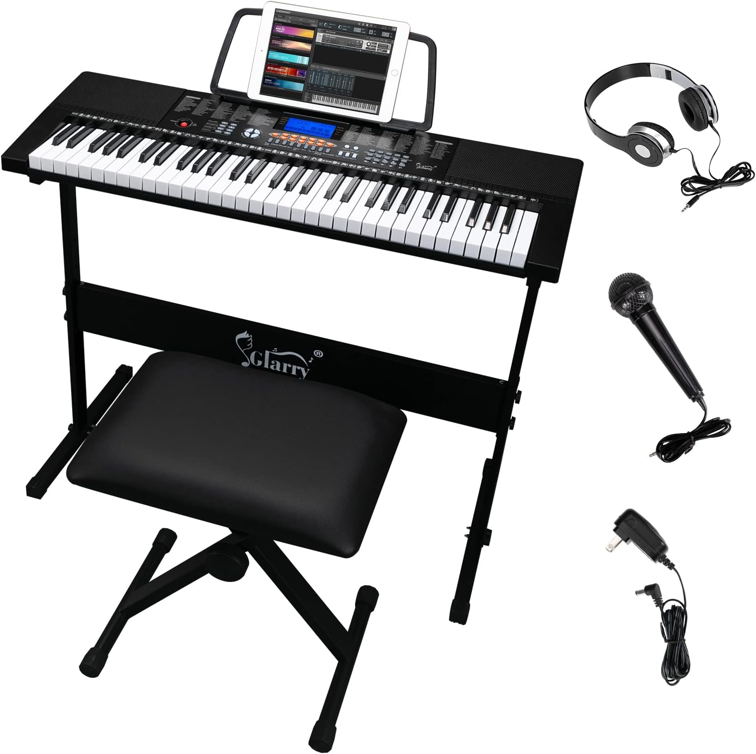 GLARRY 61-Key Portable Electronic Keyboard Piano set w/LCD Screen, Stand, Microphone, Headphones, Stand, Bench, Teaching Modes, Built-In Speakers