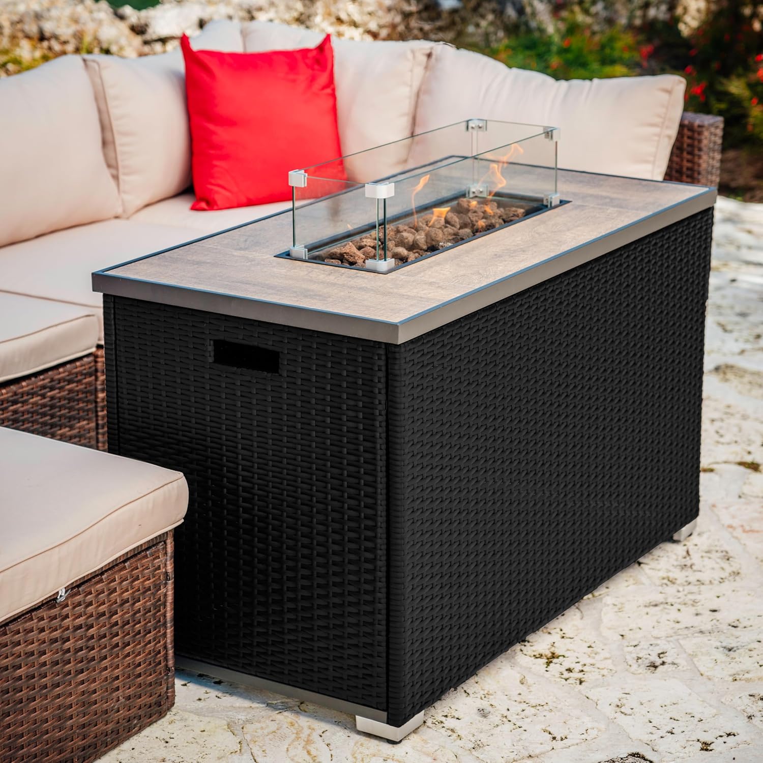 Nestl 43 Inch Fire Pit for Outdoor - 50,000 BTU Outdoor Propane Fire Pit Table with Lid, Rain Cover & Lava Rocks - Patio Fire Pit Table with Tempered Glass for Backyard Gatherings - Black