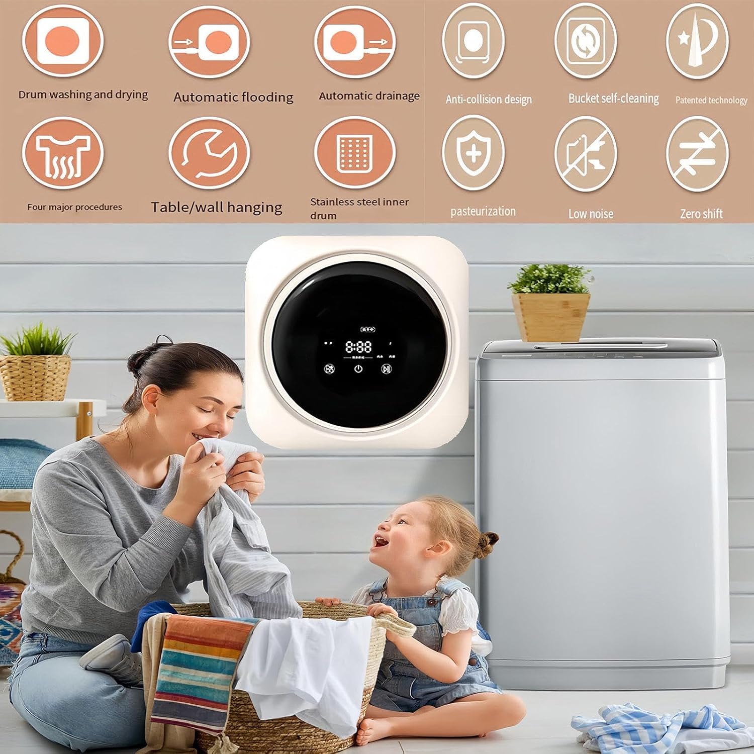 Washing Machine, Mini Portable Clothes Dryer, Portable Washing Machine, Underwear Washing Machine, Portable Dryer for Apartments, Stainless Steel Drum, for Underwear Small Clothes Socksv,Desktop