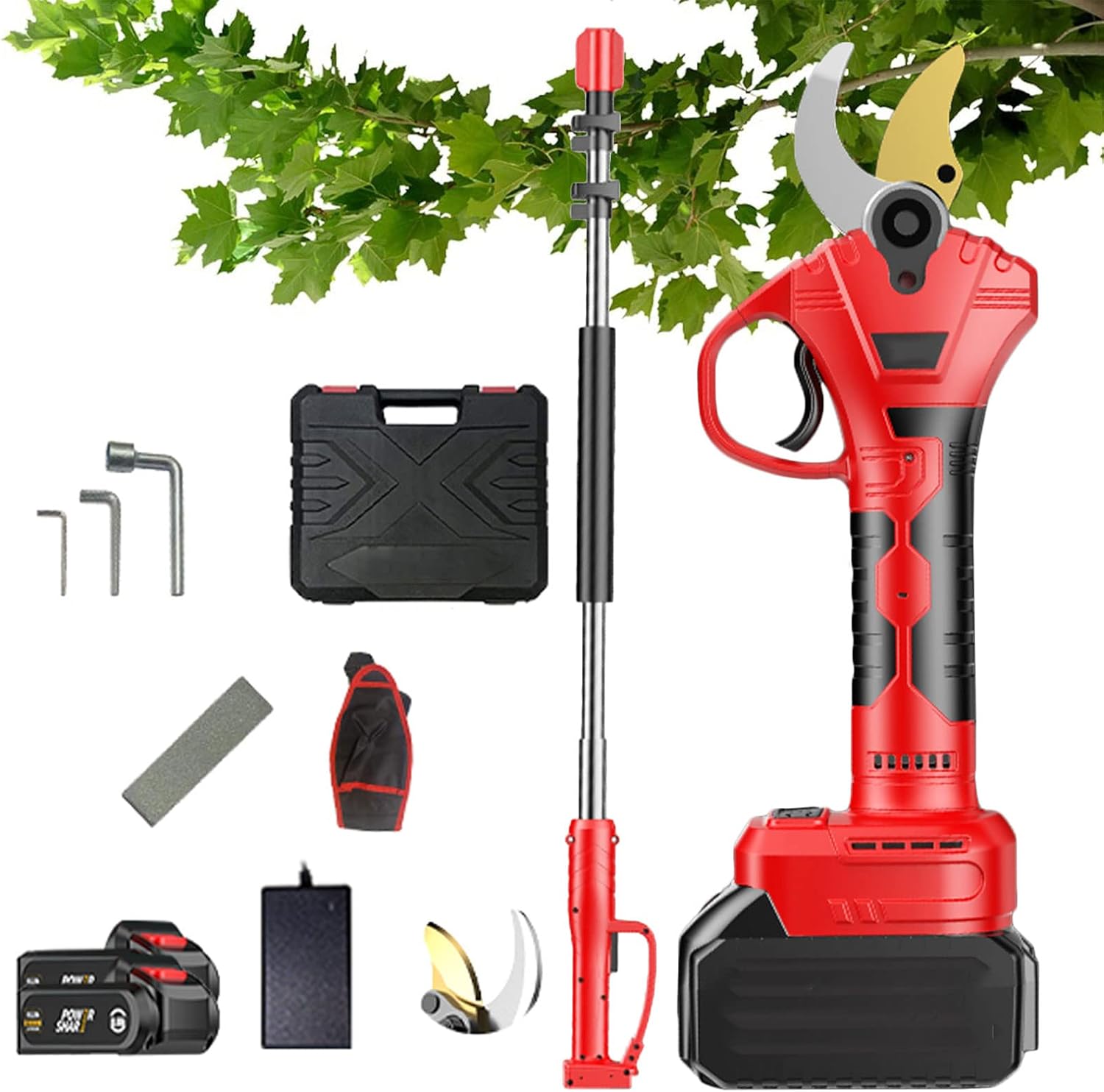 Electric Pruning Shears Branch Scissor Cutter Pruner Reach Extension Pole 150-210cm Telescopic Electric Secateur Cutting Diamete 50mm for Gardens, Parks, Orchards 5-6 Working s