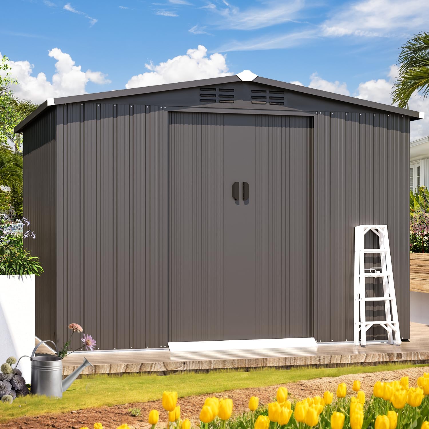 AECOJOY 6'x8' Outdoor Storage Shed with Sliding Door, Garden Sheds & Outdoor Storage Clearance 8x6, Waterproof Tool Storage Cabinet Weatherproof for Yard in Dark Grey