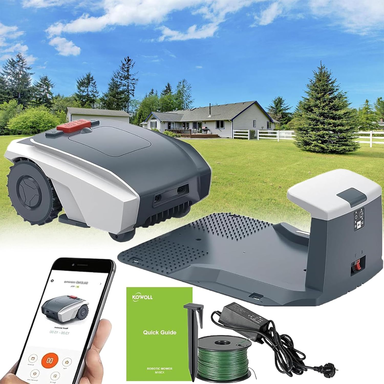 18-RM Plus Robotic Lawn Mower 0.37 Acre/14146 Sq.Ft, with Mapping Function and App Control, Only 32 db,Rain Sensor & Boundary Wire, Battery & Charger Included,Grey