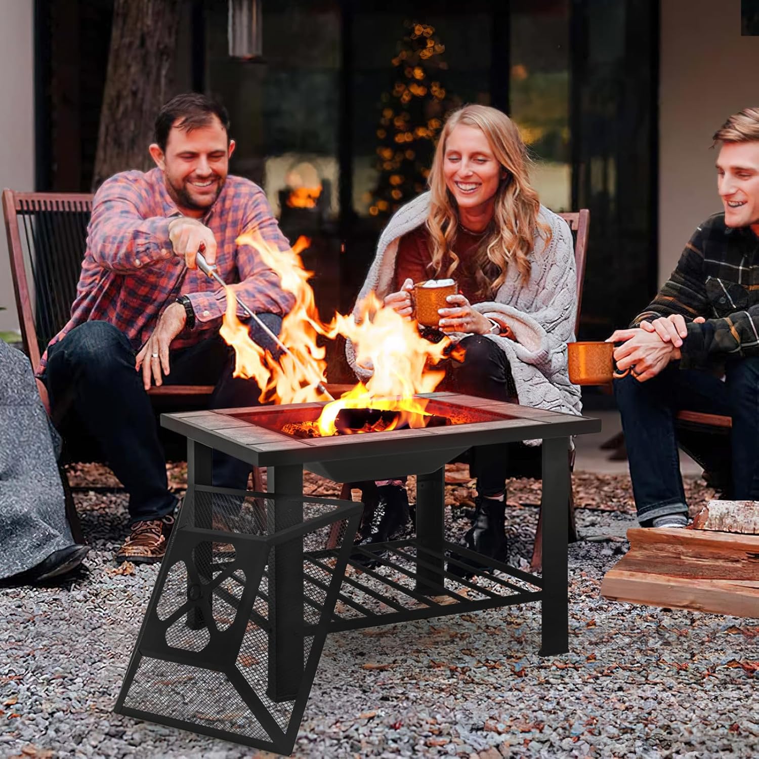 Athena Collection 30 in Patio Fire Pit Table, 3 in 1 Multiuse Square Iron Large Wood Burning Firepit Table Outdoor Fireplace with Spark Screen Log Grate Poker for Outside Heating Camping BBQ Bonfire