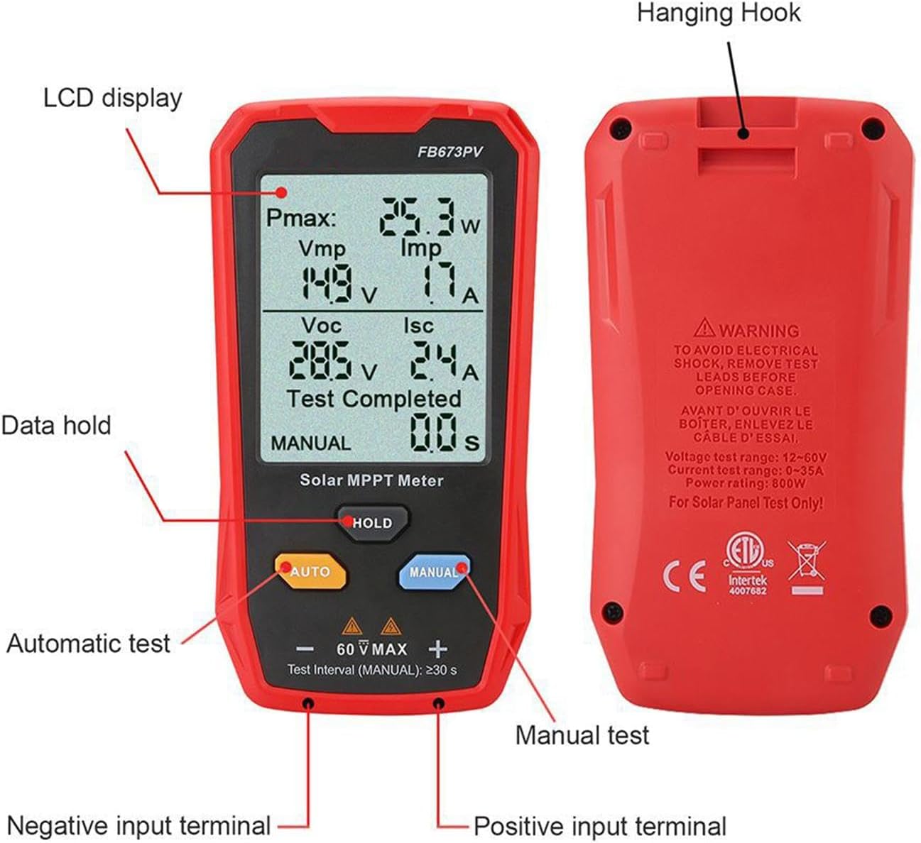 Generic 800W Solar Panel Tester Photovoltaic Multimeter 12-60V 14.2x7.6x2cm Utility Tool Professional Big LCD Screen with Cable, Red and Black