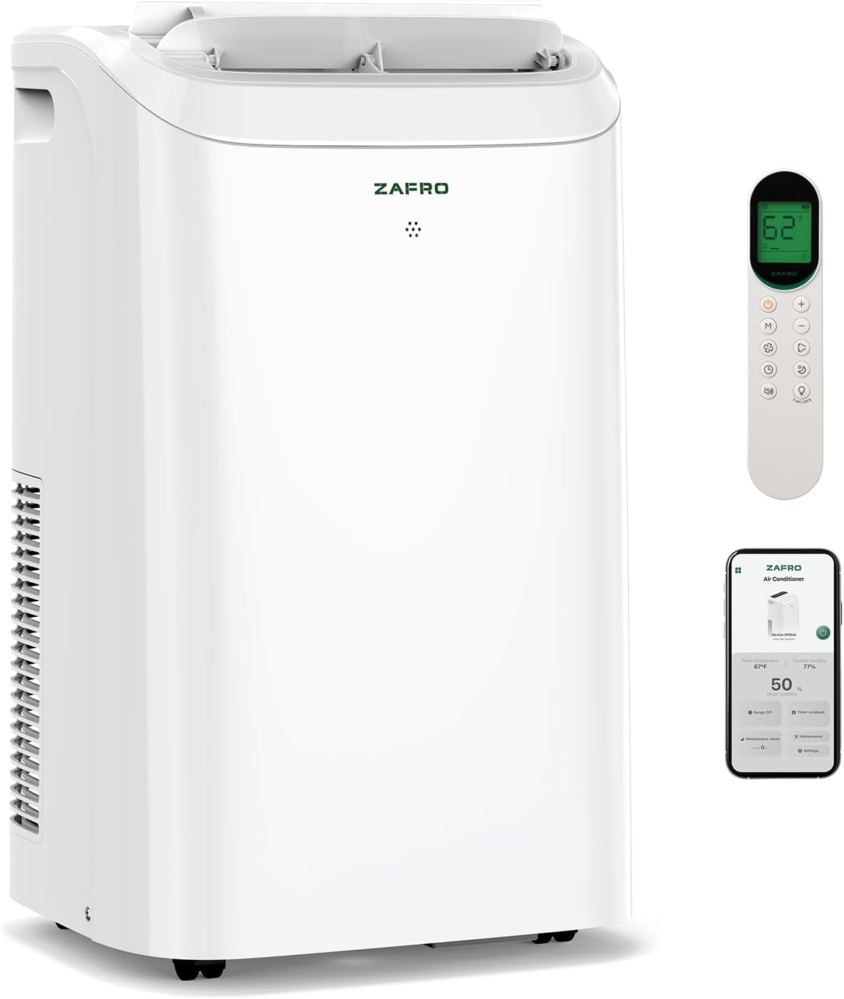 ZAFRO 14,000 BTU (10000 BTU SACC) Portable Air Conditioners with WiFi APP Control, 46dB, R32 Eco-Friendly,Fast Cooling in 30s, No Drainage Needed, Filter Cleaning Reminder, 360° Wheels for Home/Office