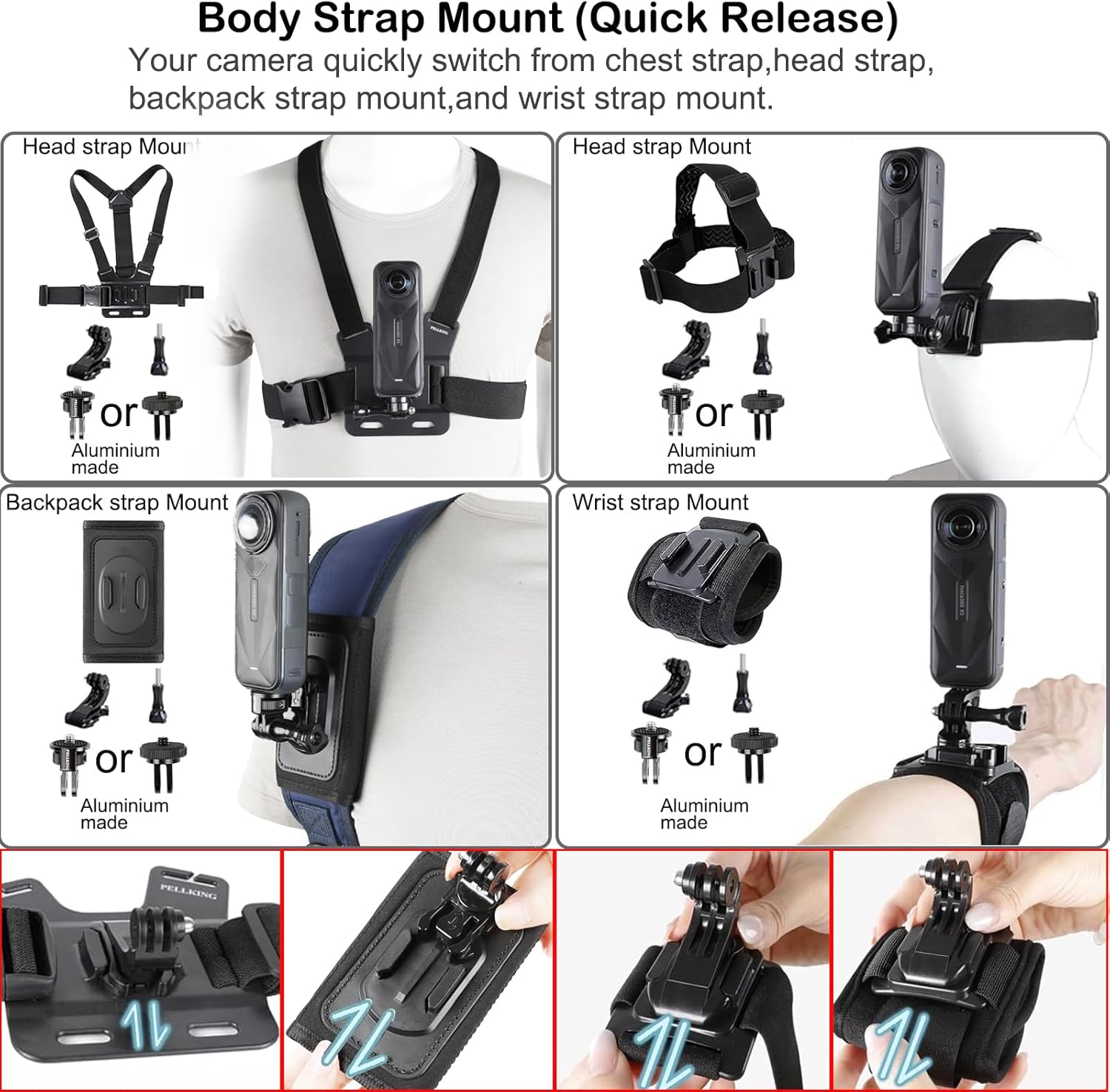 PellKing Accessories Kit for Insta360 X5,Included Carrying Case with Belt,135cm Selfie Stick Tripod,Aluminium Handlebar Clamp.2 Pcs Metal 1/4