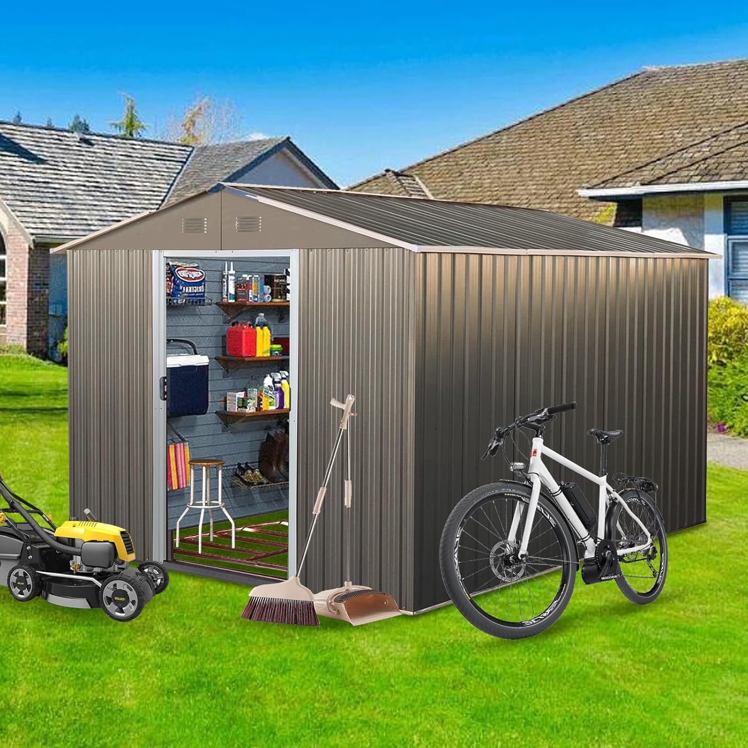 8x10 FT Outdoor Storage Shed,Waterproof Garden Shed with Sliding Doors and Padlock,All Weather Metal Heavy-Duty Tool Shed W/Vents, Foldable House for Garden Backyard, Lawn,Gray