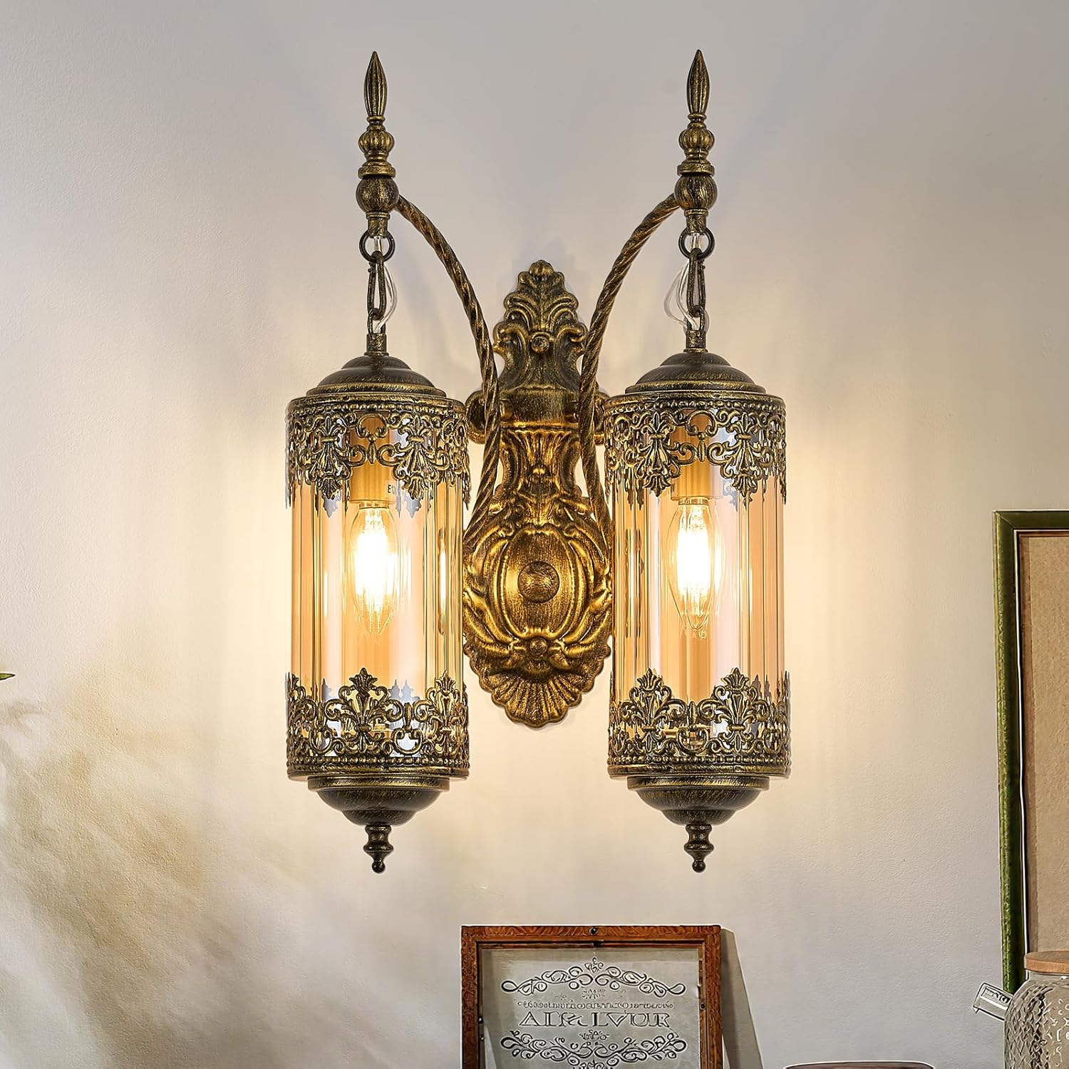 Rustic Glass Wall Sconce Vintage 2-Lights Antique Gothic Wall Light Fixture Retro Farmhouse Mid Centry Lantern Wall Sconce for Bedroom, Living Room, Mirror, Black, E12