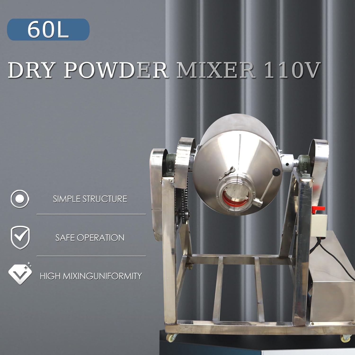 Dry Powder Mixer 60L Powder Mixer Blender Machine 360°Rotation Stainless Steel Powder Mixing Machine Granule Food Powder Drum Mixer Machine 110V 3KW