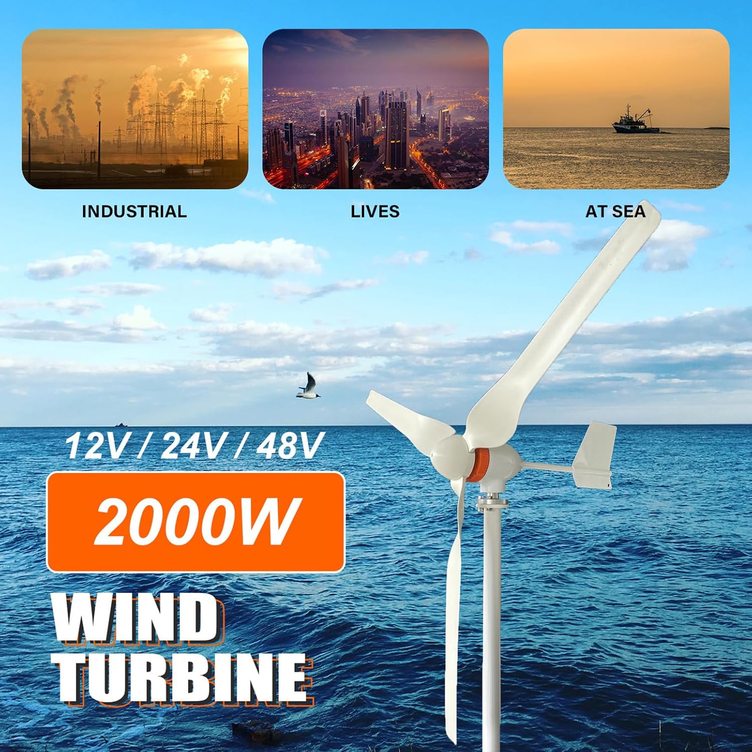 2000W Wind Turbine 12V / 24V / 48V Home Wind Turbine Generator Kit with Controller, 2KW 3 Blades Horizontal Wind Power Generator Pure Copper Core Generator for Outdoor, Garden,2000w,48V