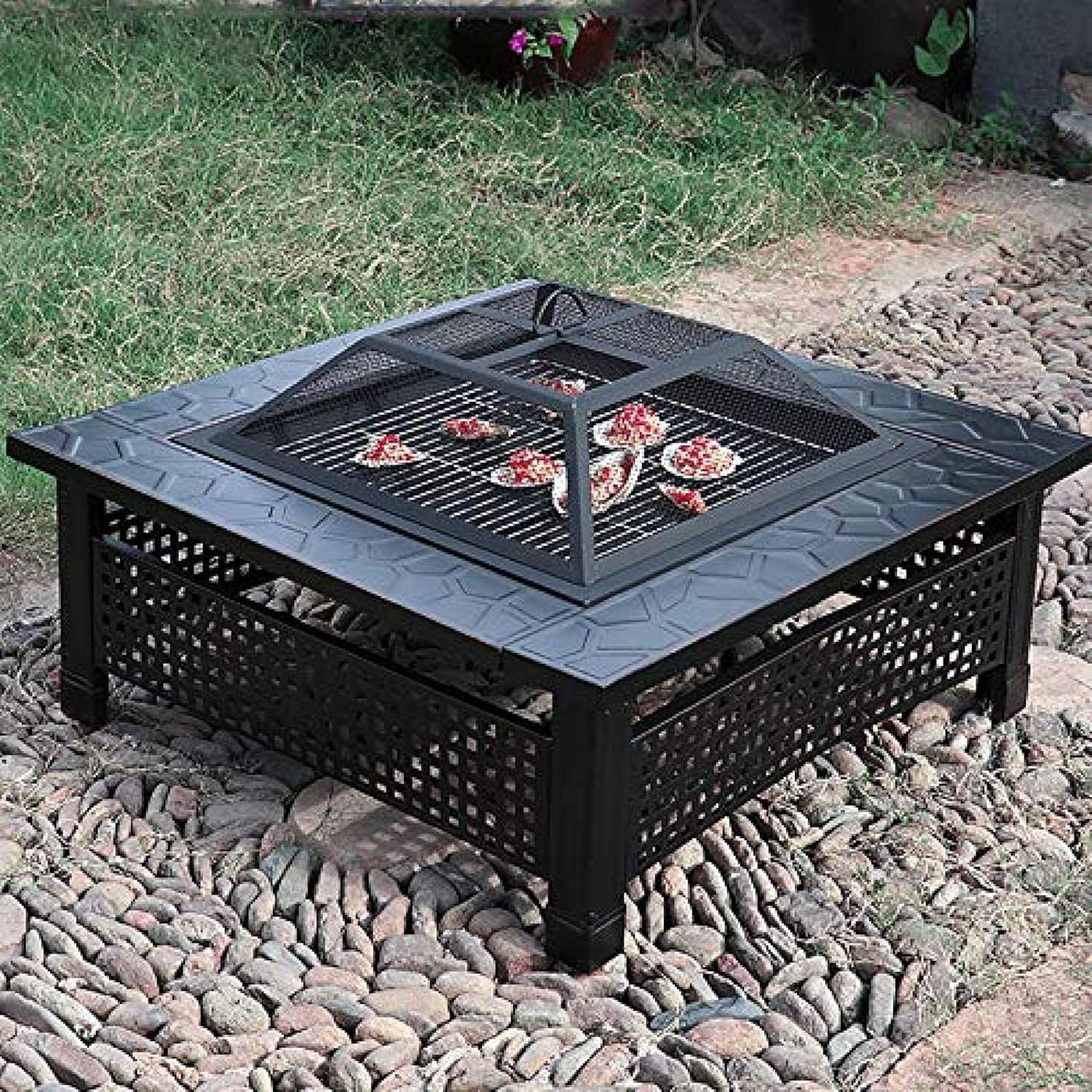 Fire Pit BBQ Grill Fire Bowl Outdoor Square Pit Bowl Grill Fireplace with 1 Set Barbecue Tools 86Cm Barbecue Pit for Patio Picnic Garden Backyard