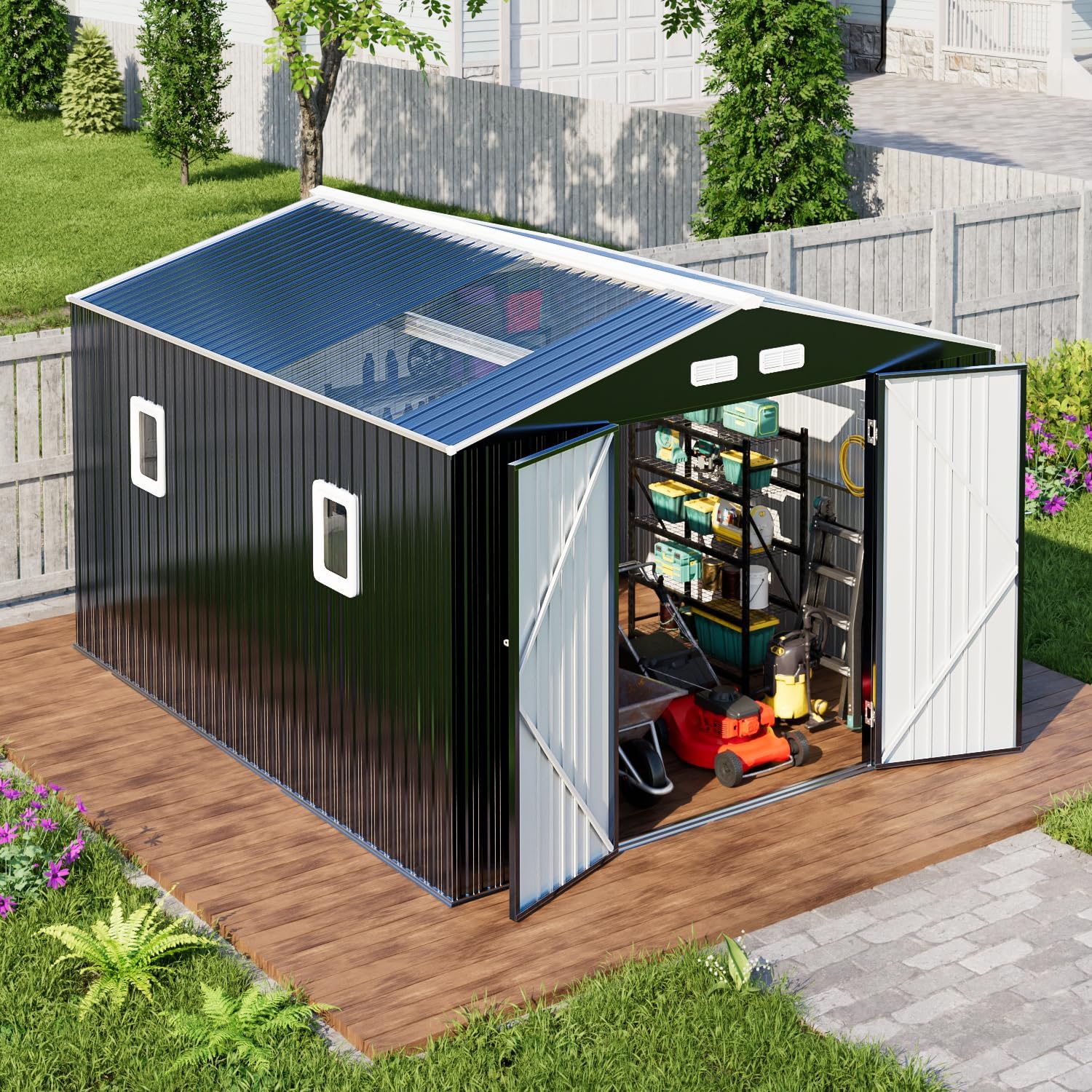 Metal Shed 10x12 Reinforced Sheds Outdoor Storage, Natural Lighting Tool Sheds with Translucent Roof Panels, Windows, and Lockable Doors, Ideal for Garden, Backyard, and Patio