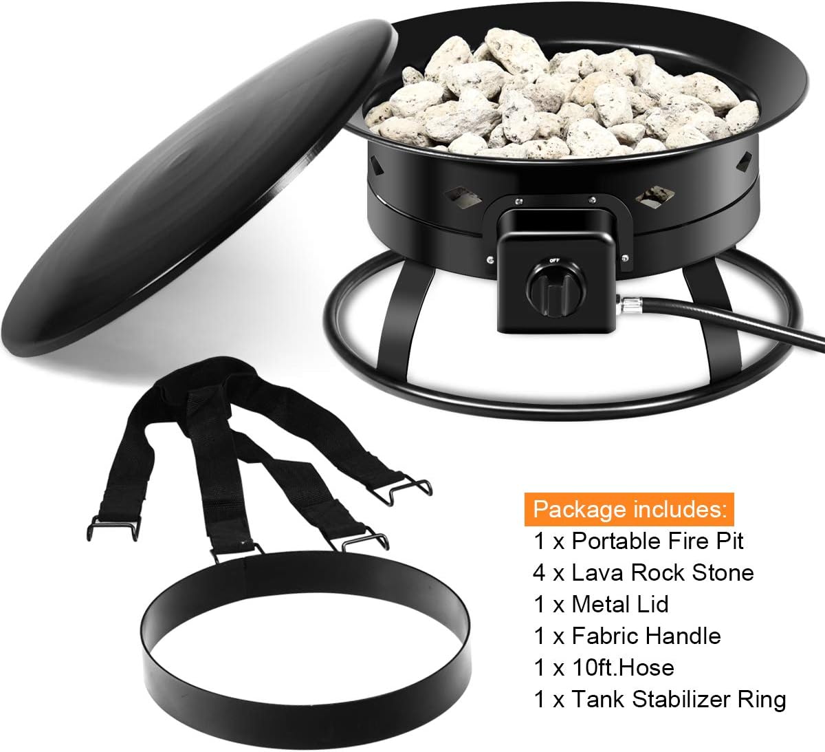 COSTWAY Outdoor Portable Propane Gas Fire Pit, 58,000 BTU Portable Fire Pit with Cover, Carry Strap & Lava Rocks, 19