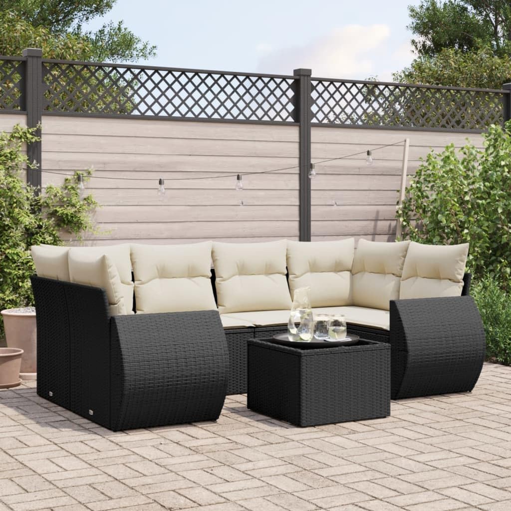 7-Piece Modular Garden Sofa Set Black PE Rattan with Cushions, Adjustable Outdoor Furniture for Patio, Durable Weather-Resistant Seating Set with Storage