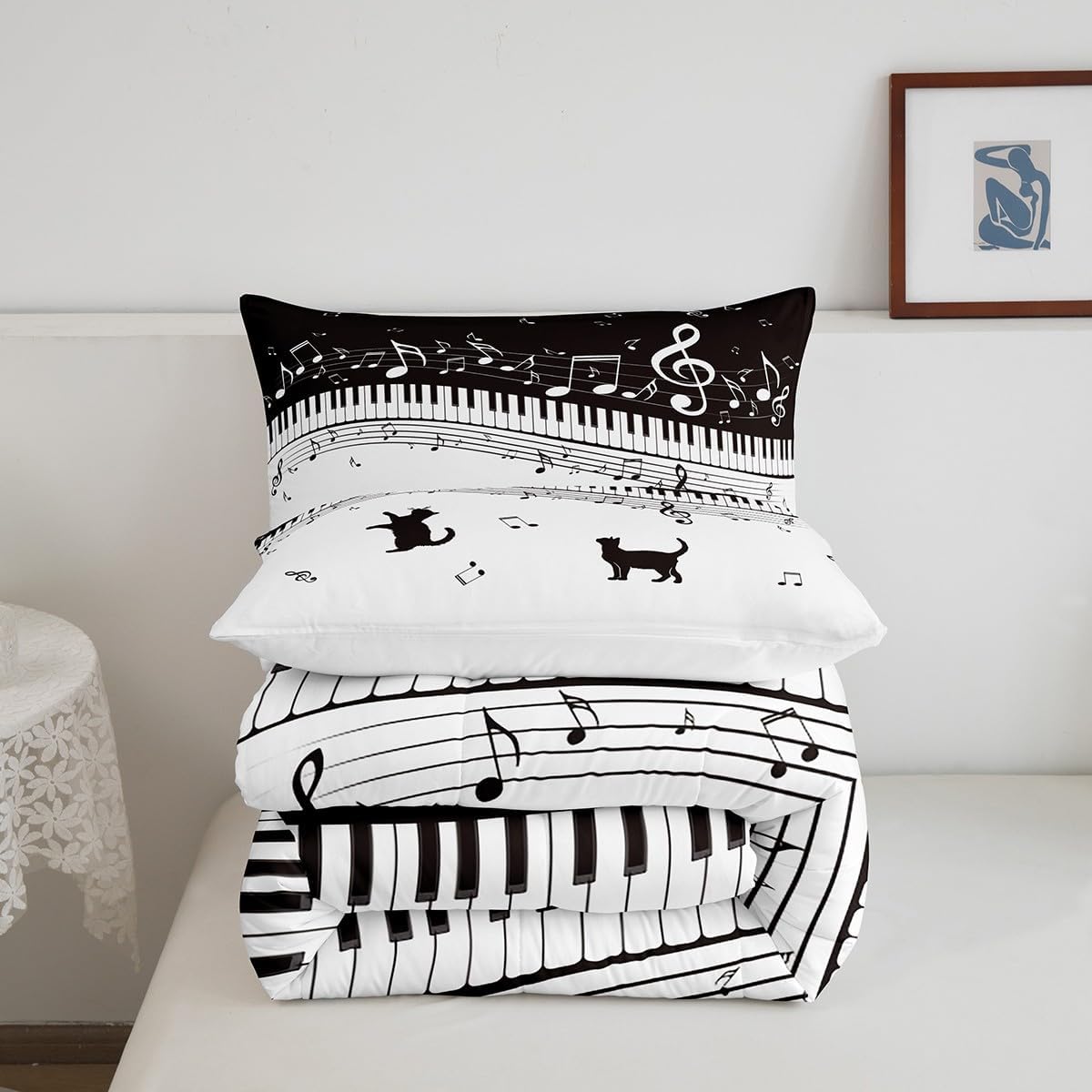 Piano Comforter Set King Size Black Musical Notes Bedding Set 3pcs for Kids Teens Girls Music Lover Room Decor Cat Pet Silhouette Quilt Set White Microfiber Duvet Insert,2 Pillowcases