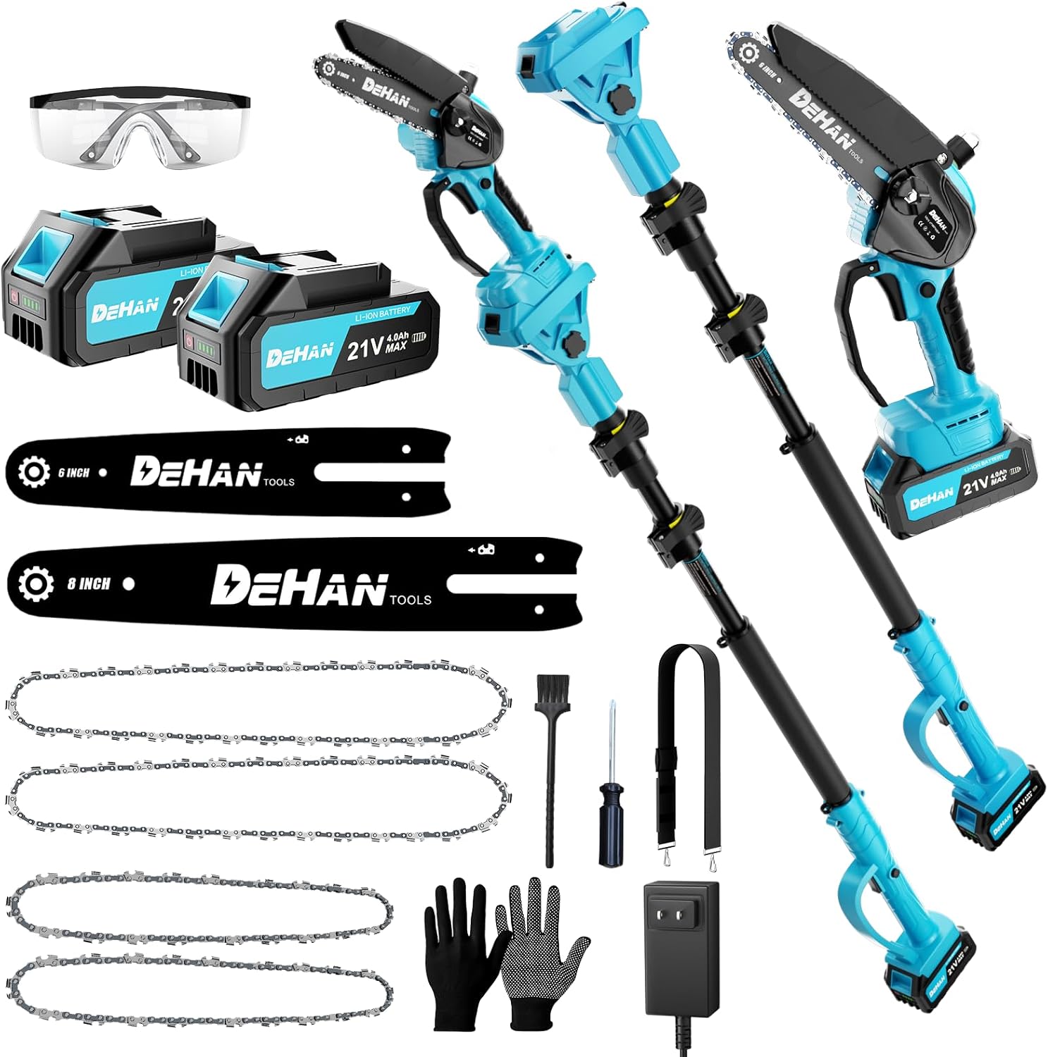 4-in-1 Electric Pole Saw for Tree Trimming, 6 Inch and 8 Inch Cordless Chainsaw with 2×4.0 Ah Batteries, Mini Chainsaw Cordless with Extension Pole, Battery Powered Pole Chain Saw for Branch Cutter