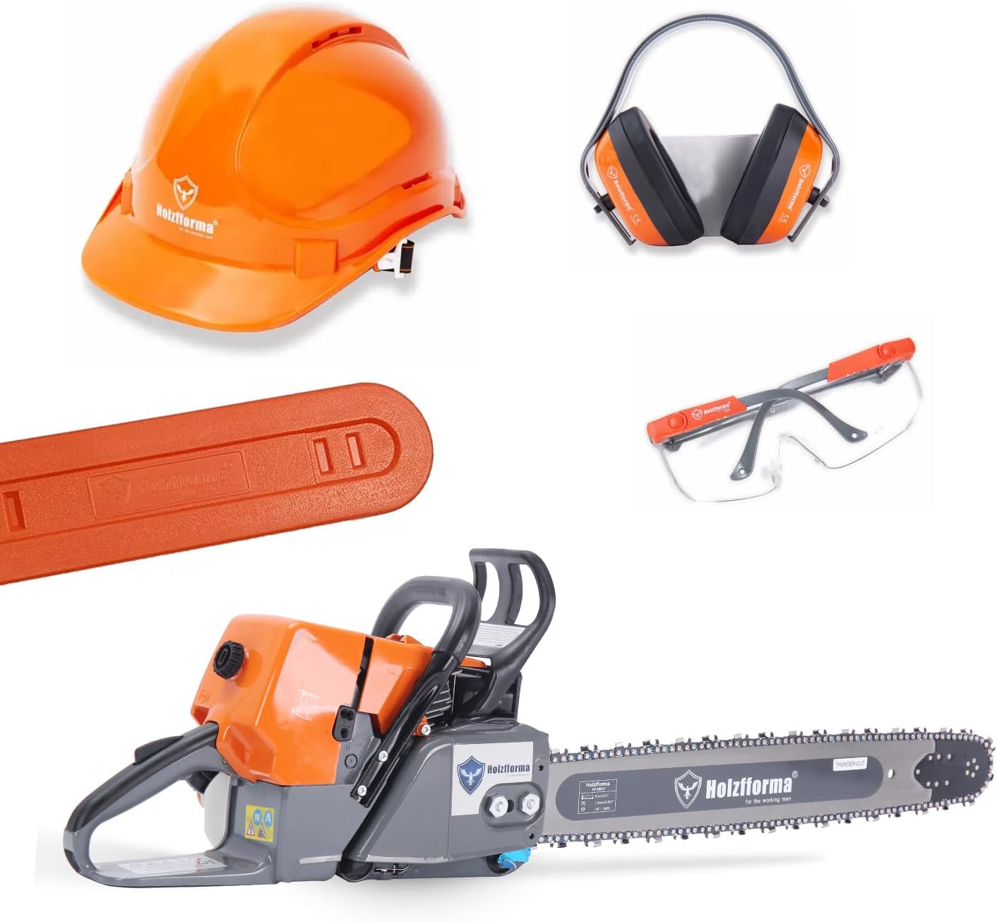 Holzfforma 76.5CC G466 Chainsaw Power Head with 25inch Guide Bar Saw Chain Cover Scabbard Headband Padded Hearing Protector Helmet Protective Hard Hat Glasses