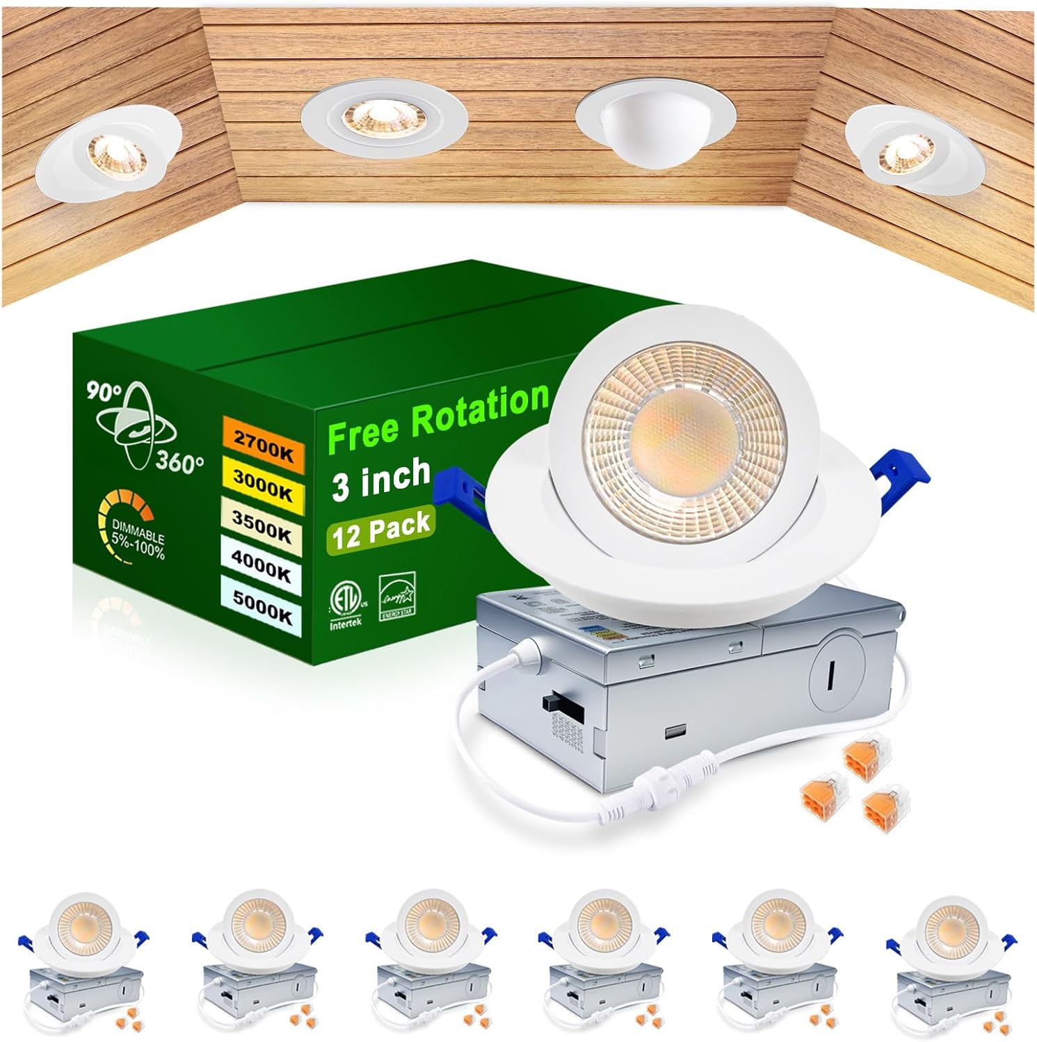 zouzai 3 Inch 5CCT Gimbal Led Recessed Lighting with Junction Box, 2700K/3000K/3500K/4000K/5000K Selectable, 7W Eqv 80W, 360°+90° Adjustable Recessed Lights, 800LM Brightness - ETL (White, 6 Pack)