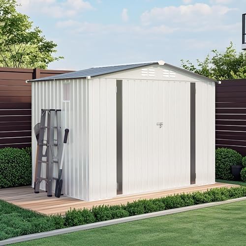 Sheds & Outdoor Storage 6X8 FT,Metal Waterproof Tool Sheds with Side Window and Lockable Door,Backyard Buildings House W/Pitched Roof & Vents,for Garden,Lawn,Garbage Enclosure,White+Gray