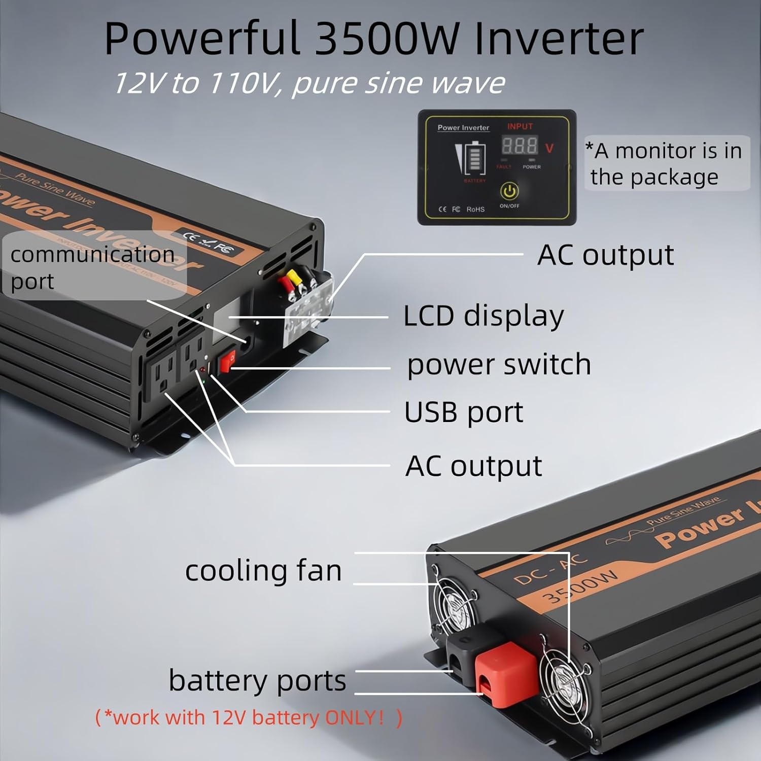 PowMr 3500W Pure Sine Wave Inverter 12V DC to 110V AC for Home, RV, Truck, Off-Grid, Solar Inverter with Dual AC, LCD, USB, Battery Cables for 12V Lead-Acid & Lithium Battery