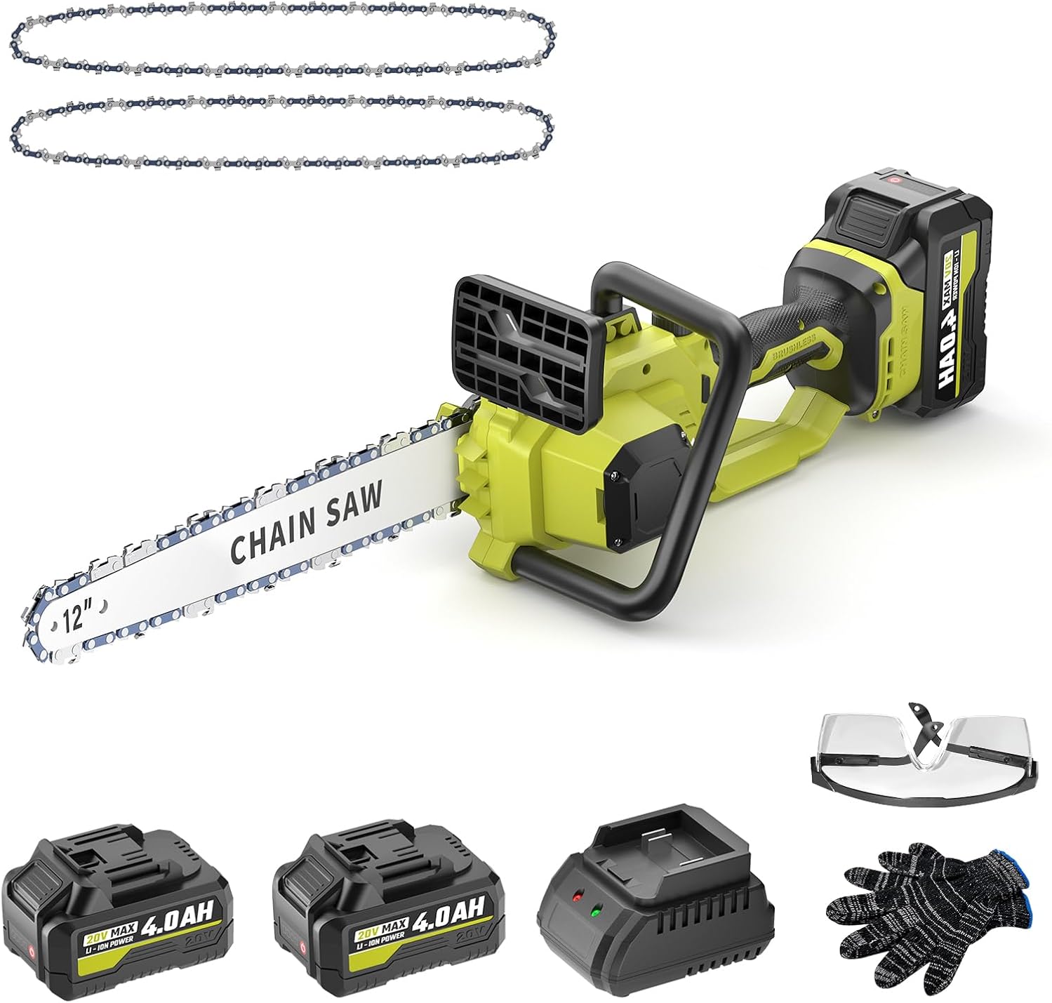 SEYVUM Brushless 12 Inch Chainsaw Cordless, 20V Battery Chainsaw with 2 x 4.0Ah Batteries, 2 x Chains, Electric Chainsaws with Tool-free Chain Tension, Auto Oiling for Wood Cutting Trimming Branch