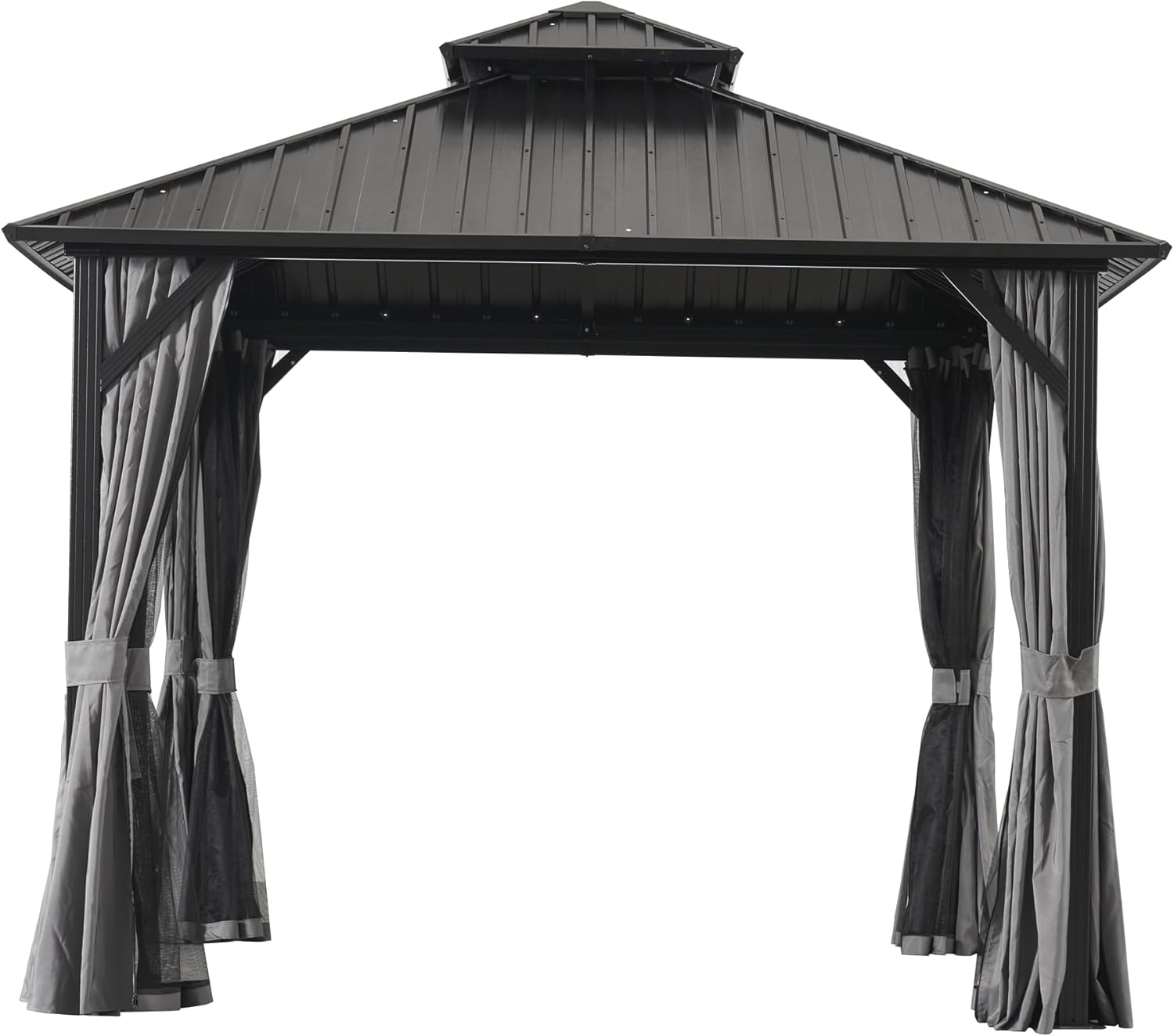 12' X 12' Outdoor Hardtop Gazebo, Galvanized Steel Duty Double Roof Pergola, Hardtop Canopy, Sturdy Aluminum Frame with Curtains and Netting for Patio, Lawn, Garden, Backyard
