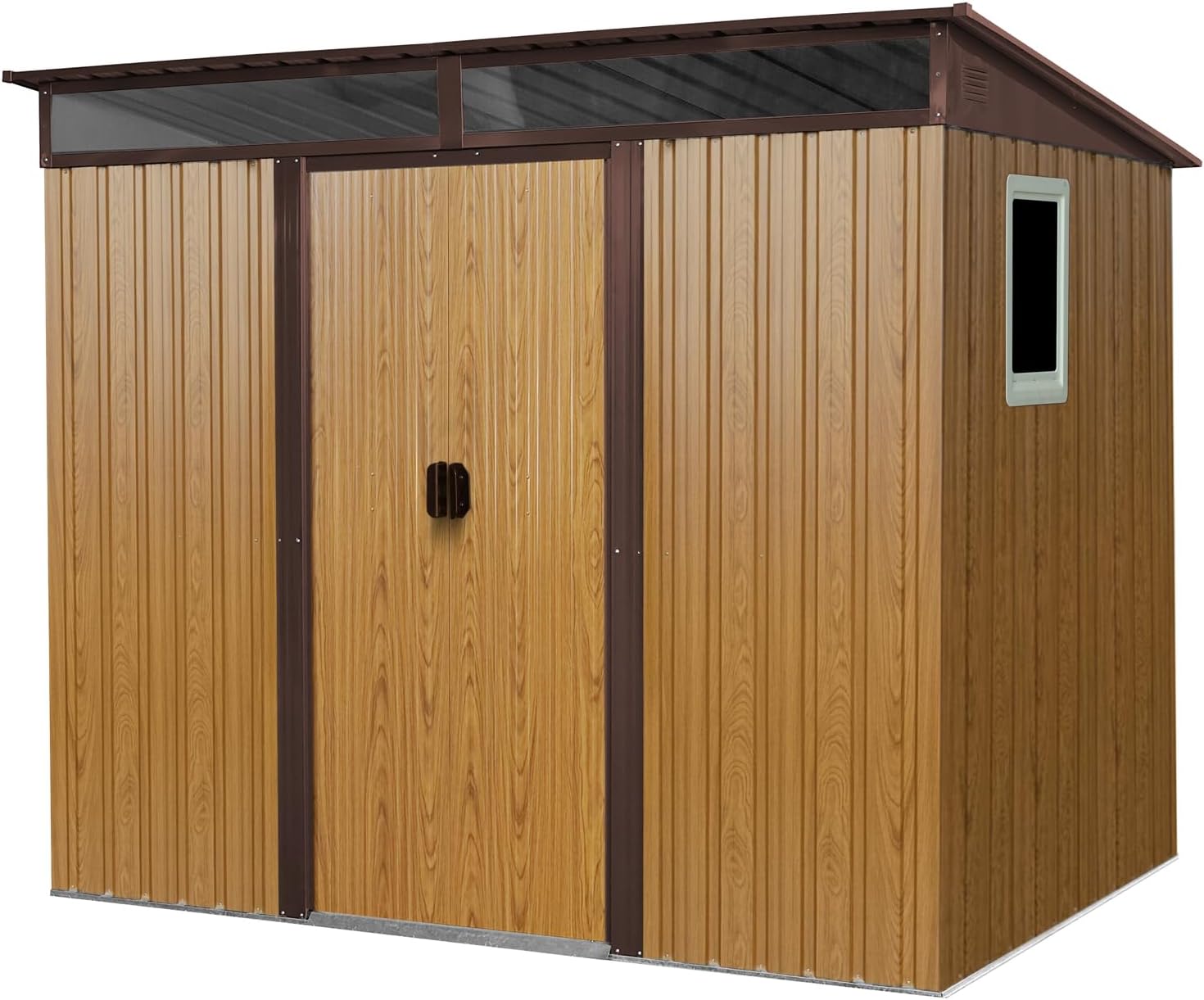Outdoor Metal Storage Shed Window Ventilation Foundation Frame Waterproof UV-Resistant Insulated Galvanized Steel Panels Sliding Doors Padlock Hooks Shelf Anchors Gloves Tool Rack (Coffee,8x6FT)