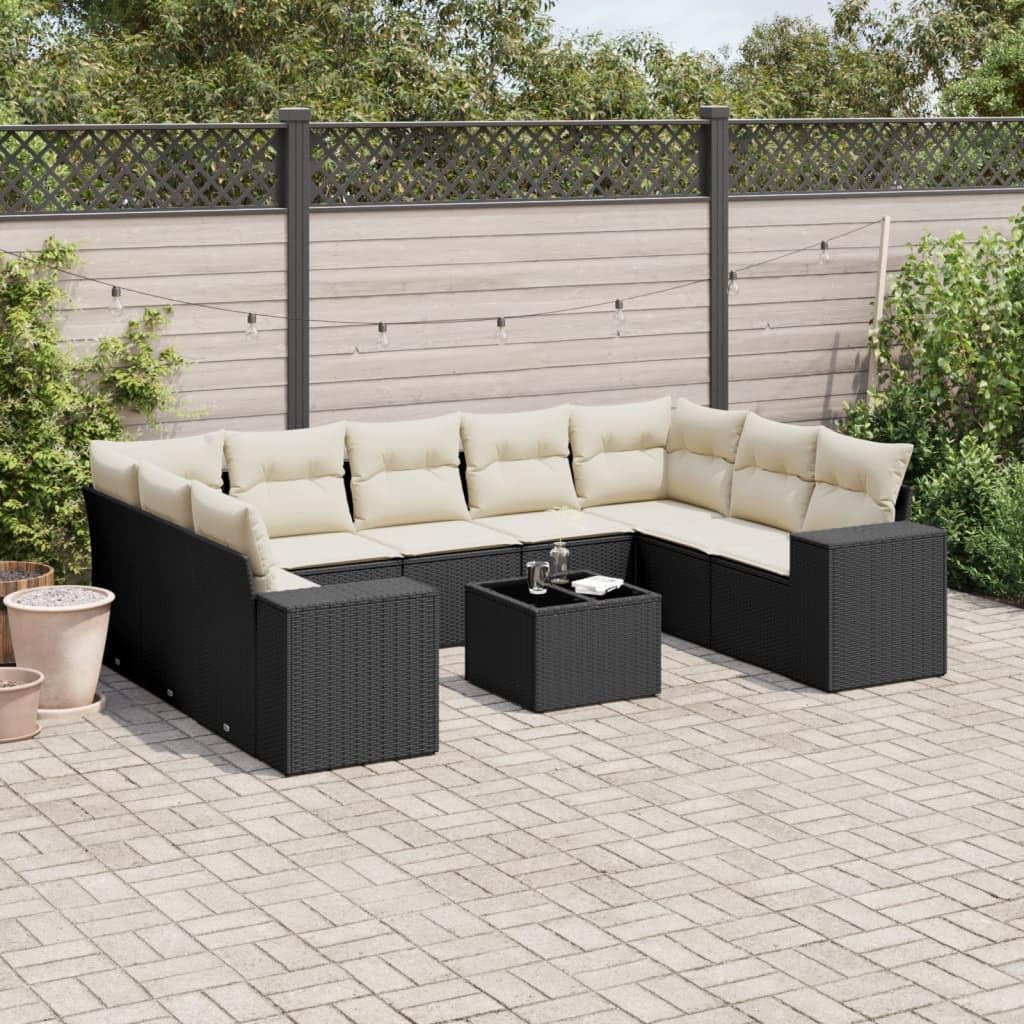 Modular Garden Sofa Set, Black Poly Rattan with Cream Cushions, Outdoor Patio Furniture for 9 People, UV-Resistant, Steel Frame, Rectangular