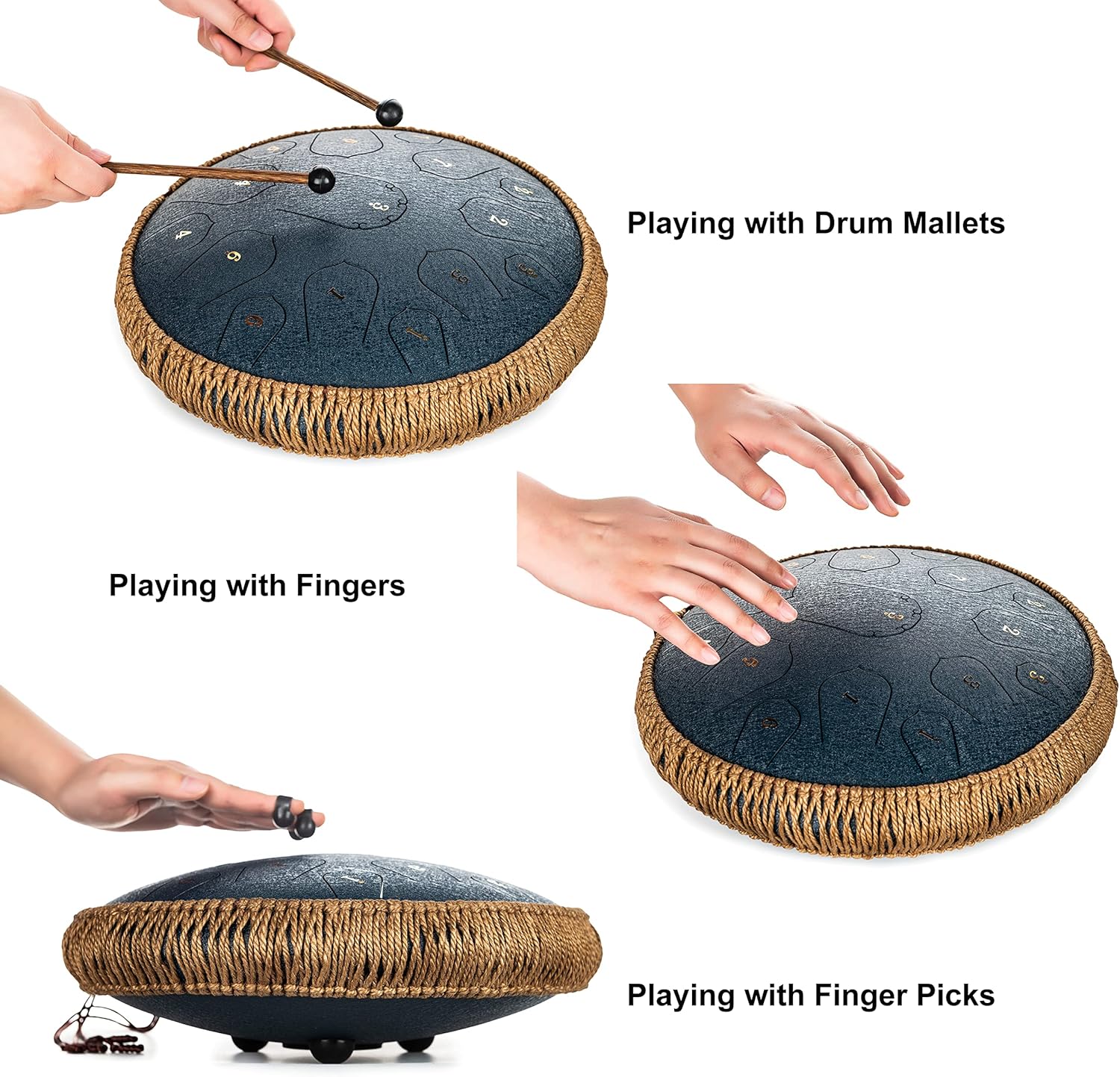 Steel Tongue Drum - 14 Inch 15 Note Tongue Drum - Hand Pan Drum with Music Book, Handpan Drums Mallets and Carry Bag, D Major (Navy Blue)