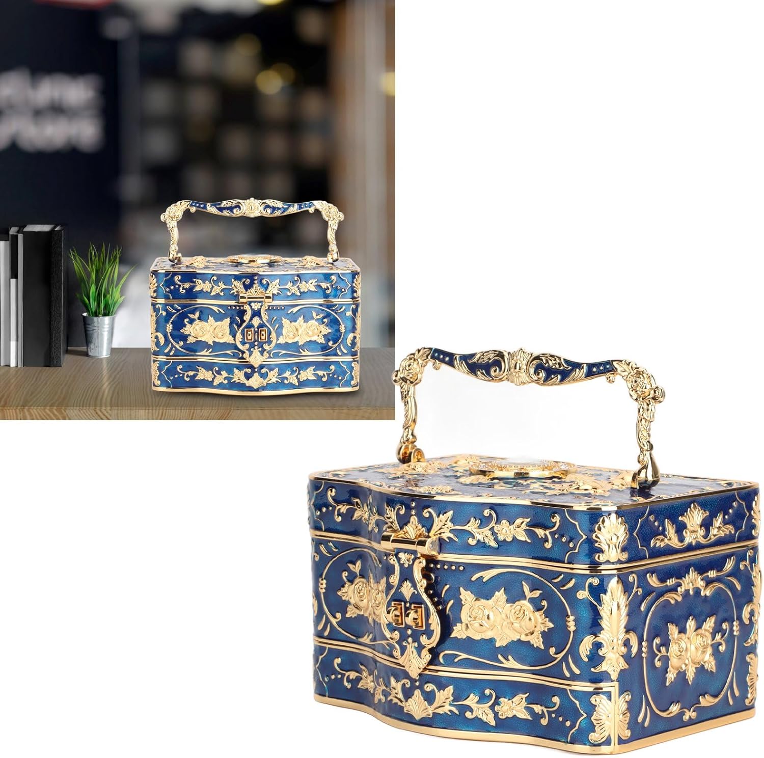 Jewelry Box, Vintage 3 Layers Rectangular Small Enameled Trinket Jewelry Box Organizer for Women, Ideal for Storing Necklaces, Earrings, Rings and Other Small Accessories