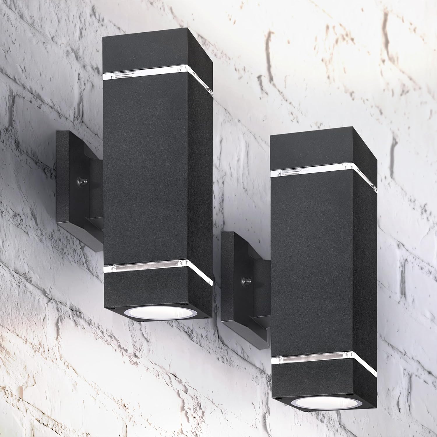 ASD 2 Light Square Outdoor Wall Light Fixture | 120W E26 Bulb Socket 120V ETL Cylinder Up Down Lights | LED/CFL/Incandescent Bulb Exterior Wall Sconce | Front Door, Porch Patio | Ringed Black, 2 Pack